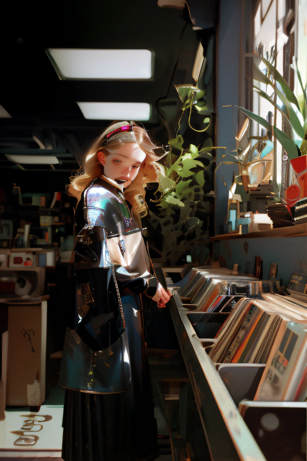 Girl standing in room with bookshelf, girl in a record store, nostalgic ambiance, vinyl, eva elfie, Record rotation, lofi-girl, taken in 2 0 2 0, Vintage atmosphere, vintage-inspired, gorgeous woman, Music Records, Nostalgic atmosphere, stunning visuals, Nostalgic feeling, Have vinyl records, Keep a record, vinyl record