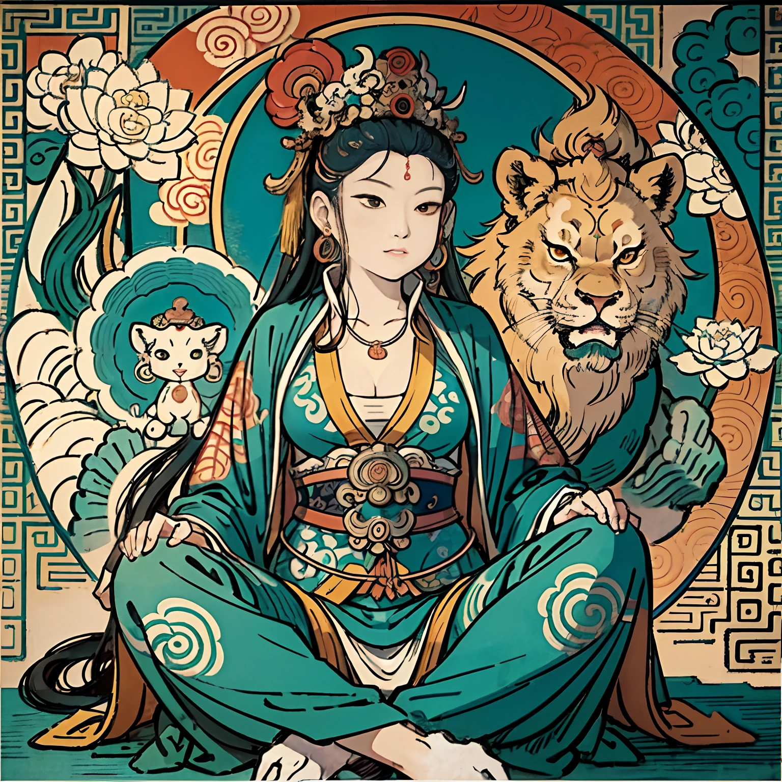 an ancient Chinese goddess, guanyin of the southern seas, Guanyin, Inspired by India, Avalokiteshvara rides a lion，,Serene expression,shui mo hua,Buddha,Buddhist,Lotus,Chinese painting style,Thangka style