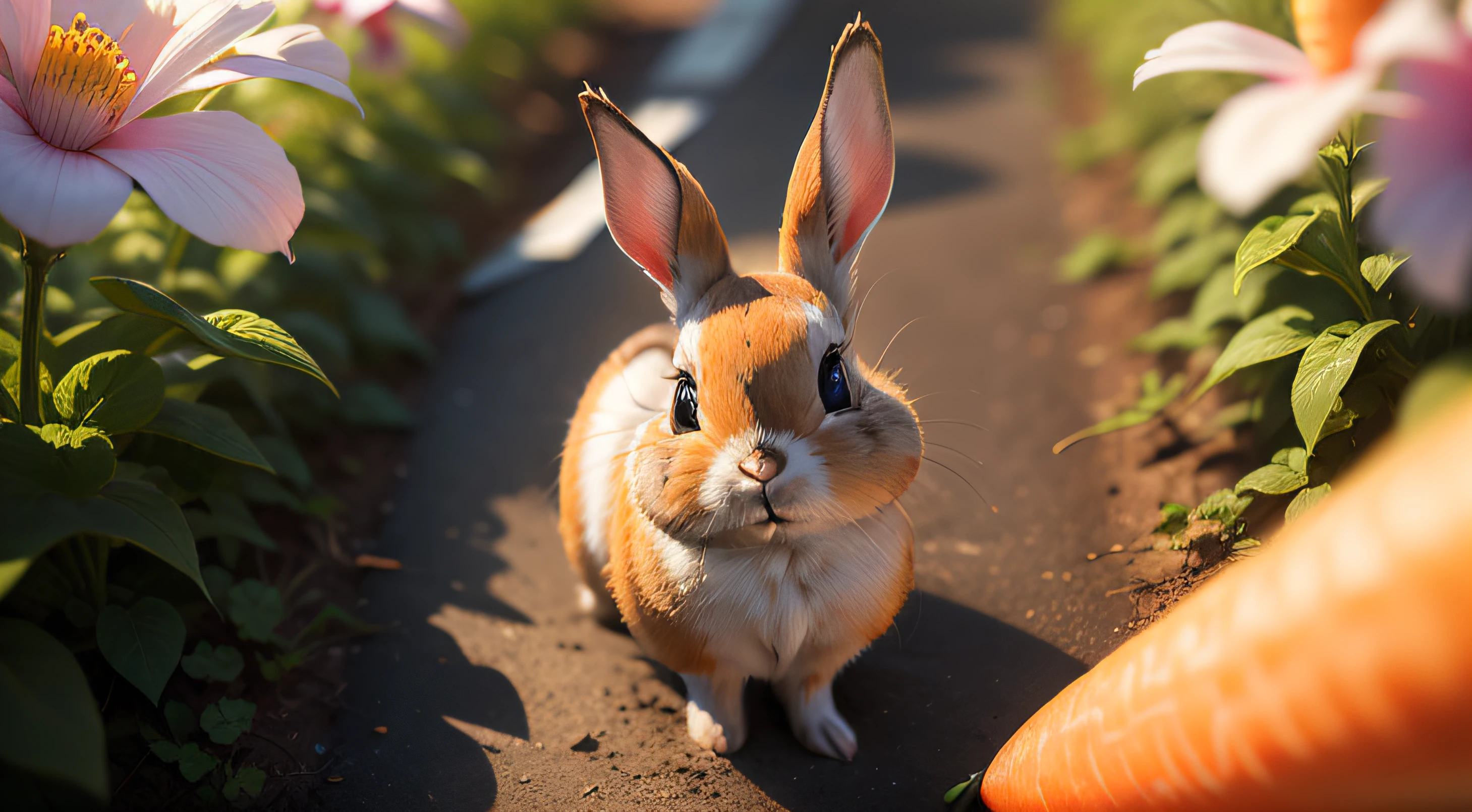 Photo of a ****** rabbit eating a carrot，Aerial overhead shot，and the sun was shining brightly，clean backdrop，depth of fields，largeaperture，photography of，volume fog，Halo，blooms，Dramatic atmosphere