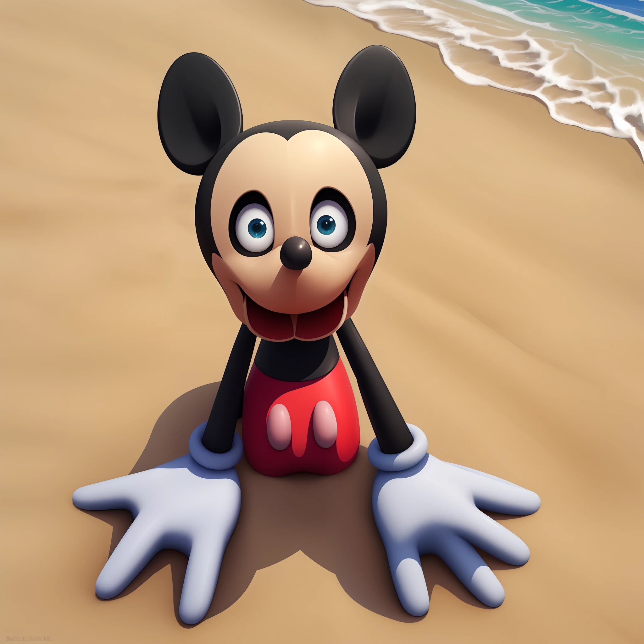 Mickey Mouse, no legs, Beach background, enjoying the place, detailed art, staring at the viewer, dynamic angle, open smile, big and wide mouth, agape, no expression, palm trees, detailed sand