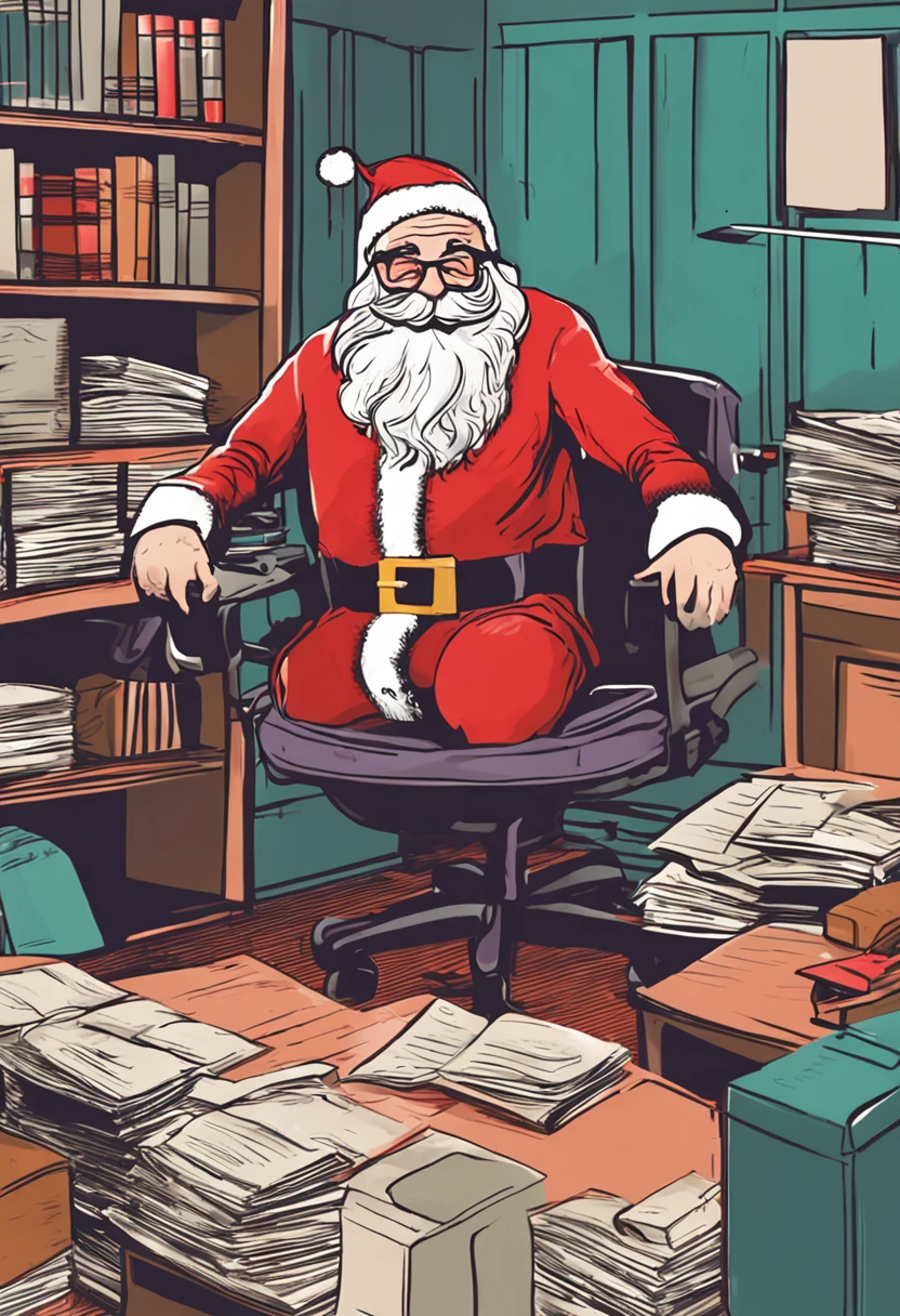 a bald man dressed as santa claus working at an office