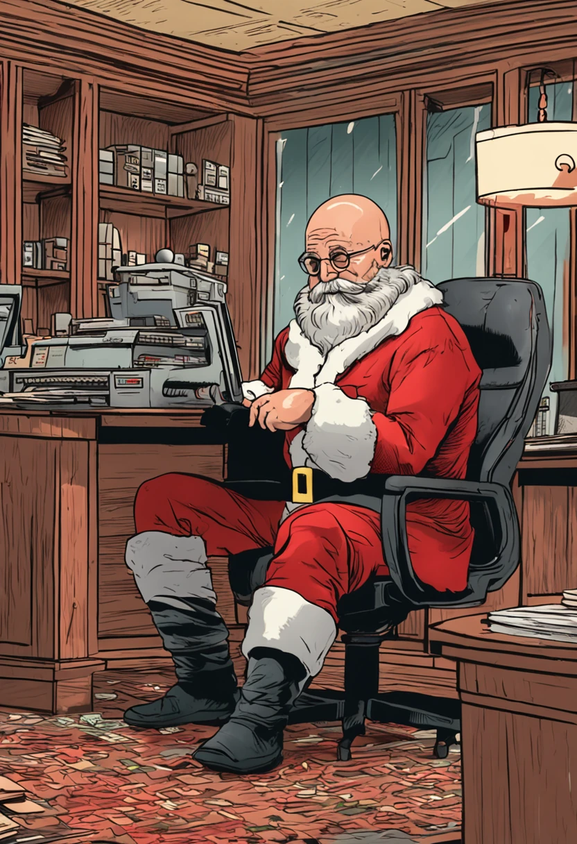 a bald man dressed as santa claus working at an office