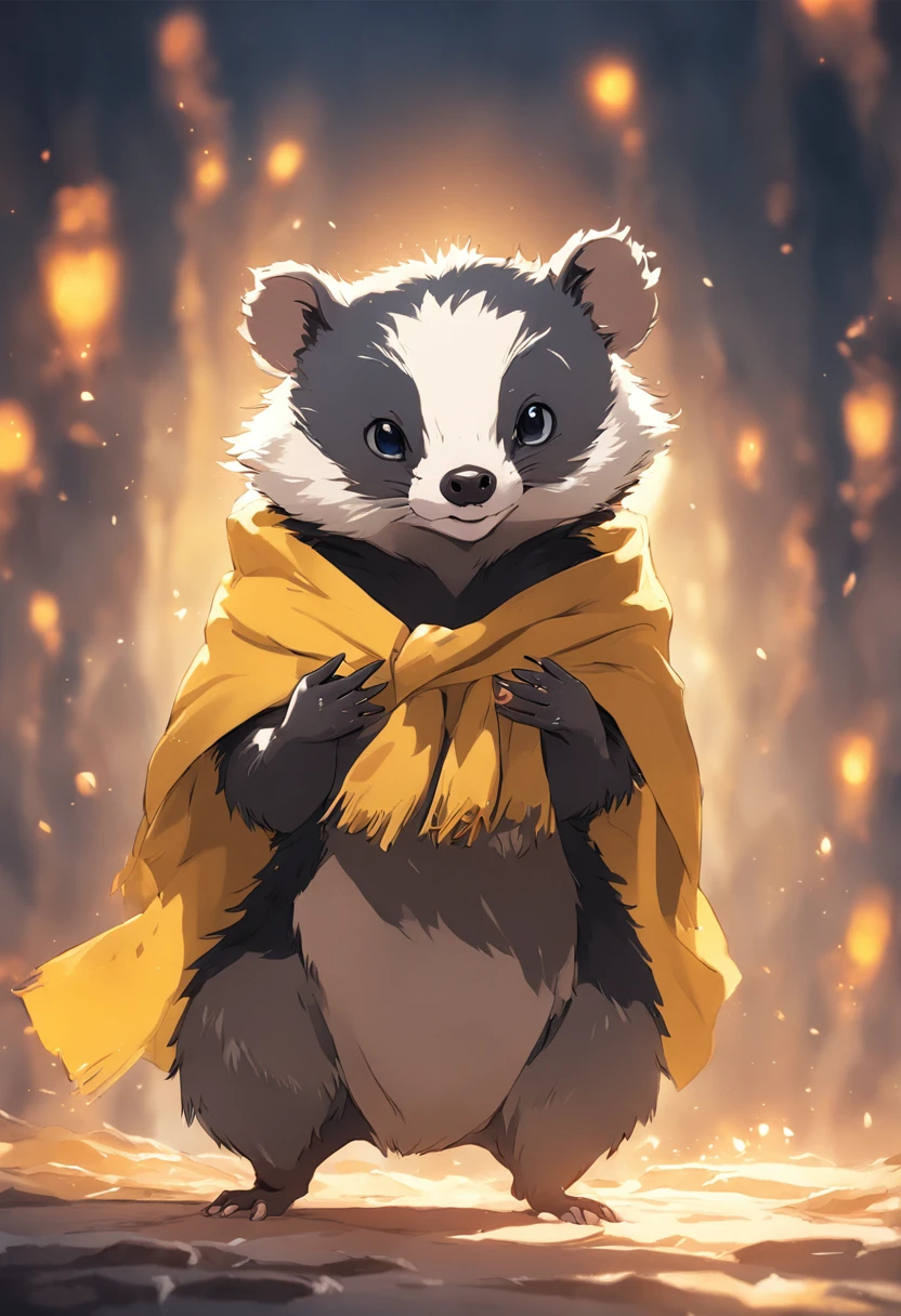 Baby badger wearing a Hufflepuff scarf and sorting hat