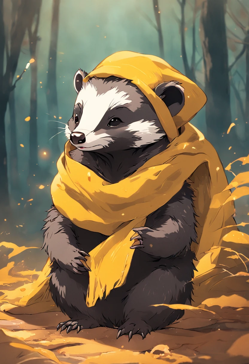 badger wearing a Hufflepuff scarf and sorting hat