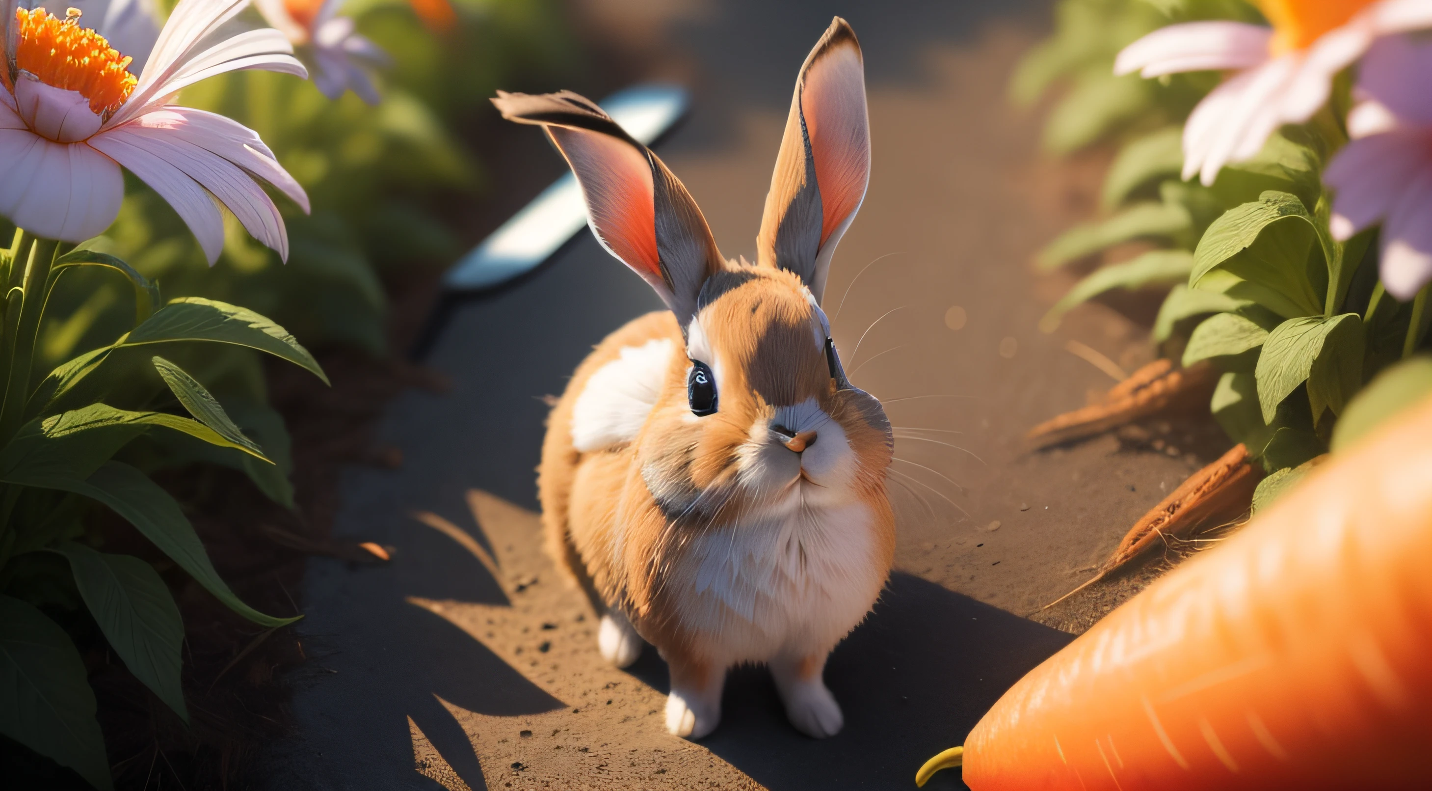 Photo of a little rabbit eating a carrot,Aerial overhead shot,and the sun was shining brightly,clean backdrop,depth of fields,largeaperture,photography of,volume fog,Halo,blooms,Dramatic atmosphere