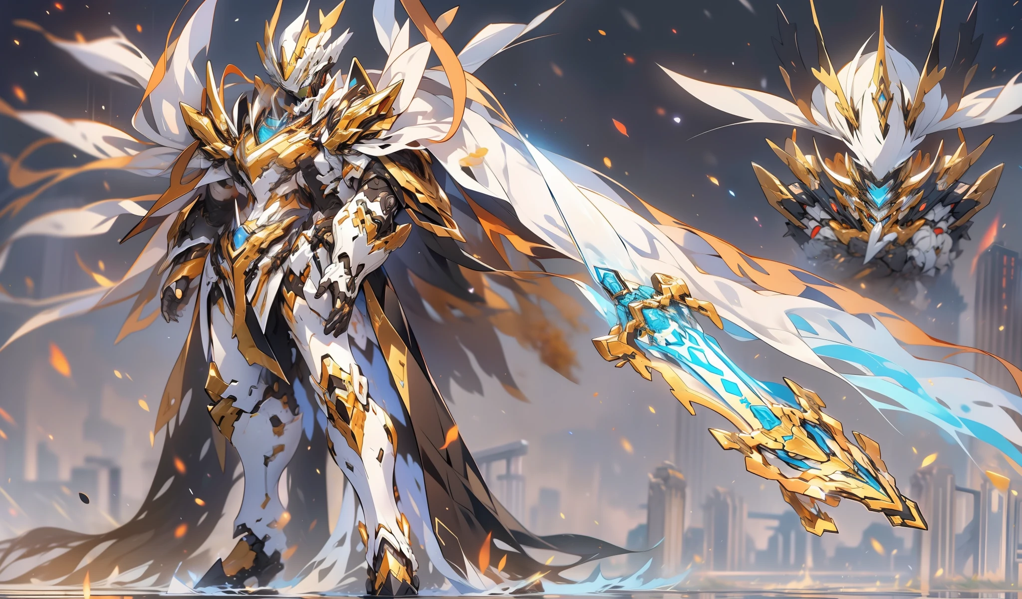 super wide shot, Full body frontal photo, Paladin style,《A white and brown mech》，（Hold the holy sword，《Cloaked》），（There were flames all around，Full body mecha，The whole body is surrounded by the breath of flames）, Keqing from Genshin Impact, (Masterpiece) ， The best quality， High quality，Gold armor，电影灯光， （Exquisite future）， Beautiful and beautiful， Ultra detailed， great composition， Floating， Depth of field， （Very detailed CG，Unity 8k壁纸）， （Beautiful detail background）， dramatic lights， GOGETTA， Mecha，best qualtiy，超高分辨率，Vivid Wait for it to begin