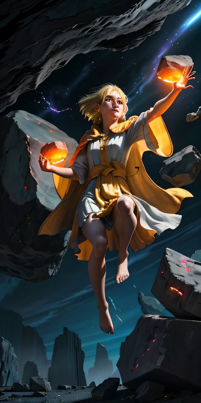 female barefoot summoner levitating with blonde hair robes and cape arms lifted up over a broken earth bright lava light from below asteroid field (jagged rocks boulders and debris shooting into the air:1.3) (windy dust debris storm:1.1) volumetric fog mist ray tracing z pass bright light from below, (masterpiece) (best quality) (detailed) (8k) (cinematic lighting) (sharp focus) (intricate)