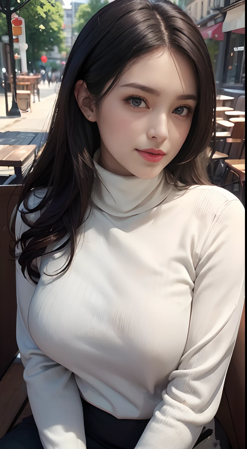 ((A mature woman sits in front of a café)),((turtleneck shirts:1.3)). 40k, Photography, Masterpiece, Best quality, dark grey background, ((Mature women, Wife, Mom, A MILF)), ((A plump chest)), Perfect face, perfect boobs, ((Breast-huge)), ((1 girl with brown eyes and gorgeous light black hair)). a Pretty Japanese woman，full soft breasts and white skin, ((very soft breasts)). Ultra-detailed face, Detailed eyes, Embarrassed, Smile, Summer, Daytime, (((Slave collar))), Half body, dated