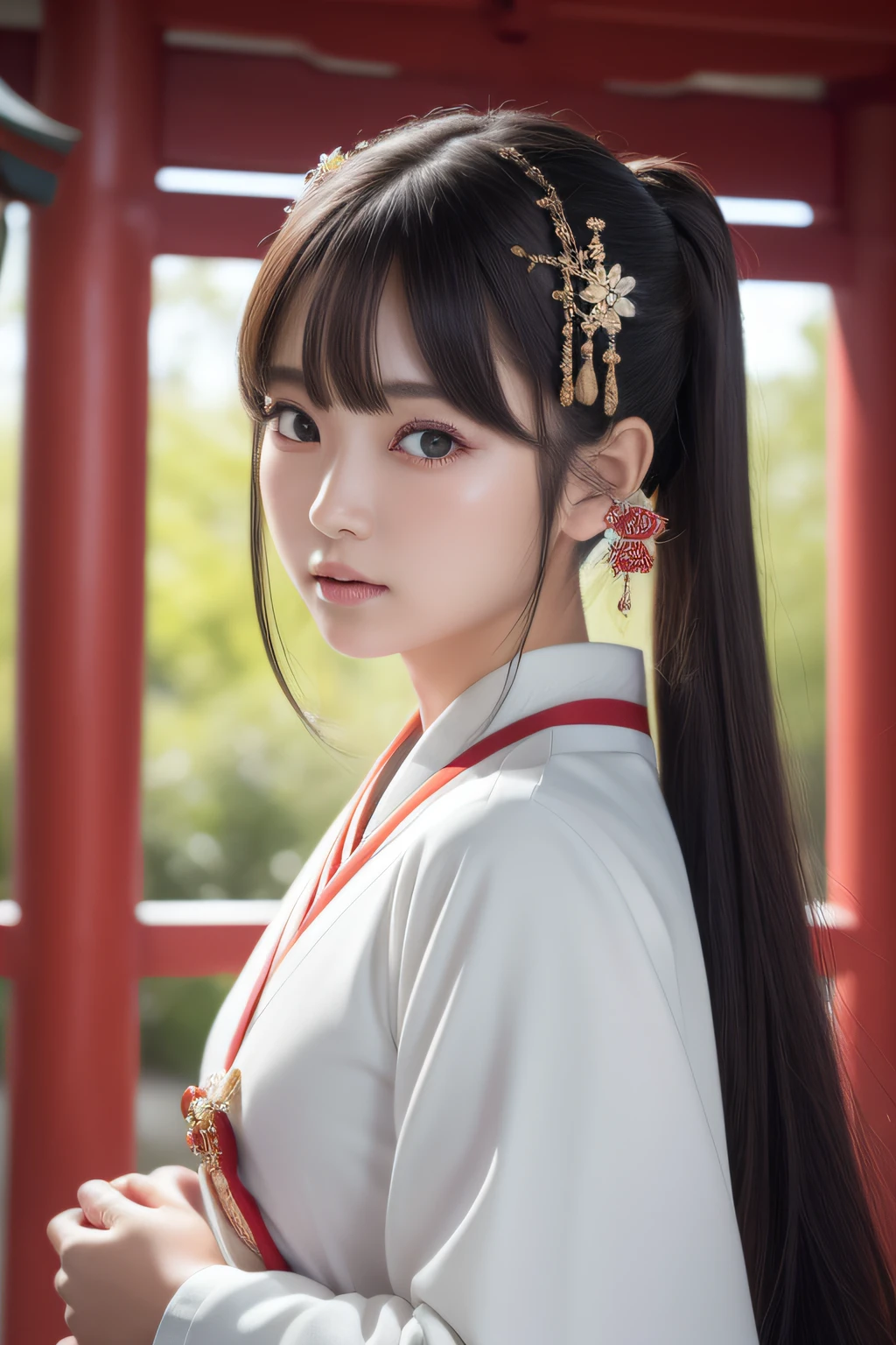 ulzzang-6500-v1.1, ((Raw foto:1.2)), ((Photorealsitic:1.4)), a beautiful detailed girl, extremely detailed eye and face, beatiful detailed eyes, ultra-detailliert, hight resolution, ighly detailed, top-quality, masterpiece, ((Japanese shrine maiden)), ighly detailed, 8k wallpaper, magnifica, finely detail, masterpiece, top-quality, Highly detailed CG uniform 8k wallpaper, Light on the face、电影灯光、looking at viewer、((Facing the front))、divine atmosphere、(At the shrine)、((Raw photo)), ((Gorgeous hair ornaments)), (poneyTail),