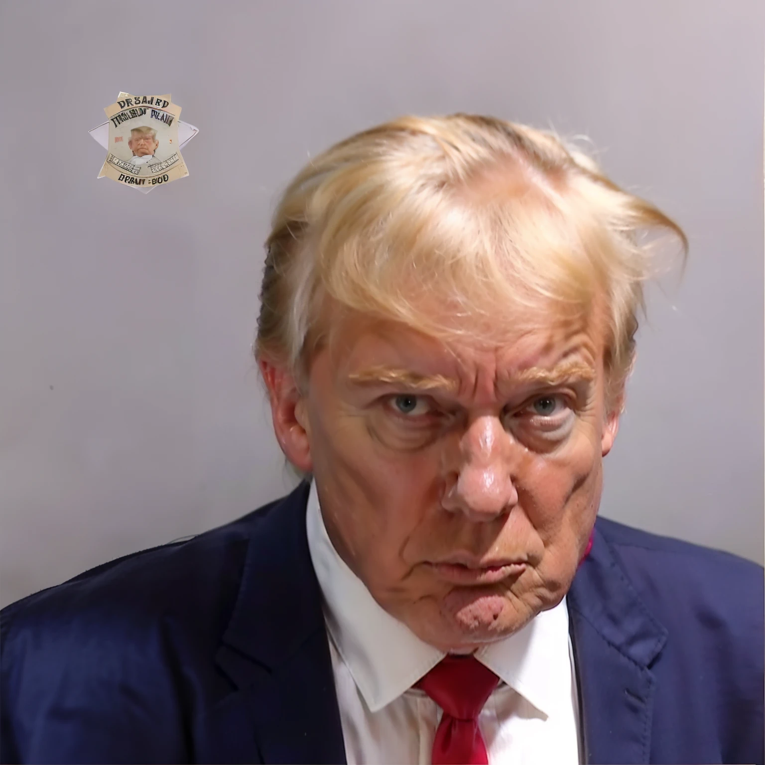 worried look on donald trump in mugshot, arafed image of an upset Donald trump in a suit and tie with a red tie, donald trump mugshot, tense donald trump in jail, Donald Trump in prison, photo of donald trump, Donald Trump, president donald trump, donald trump's face, portrait of trump,