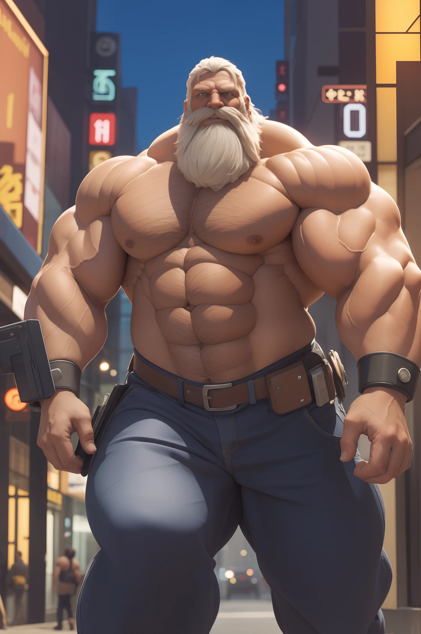 "Solo, a massive and muscular elderly man strutting confidently through the bustling city streets, exhibiting his Herculean physique, shirtless and awe-inspiring."