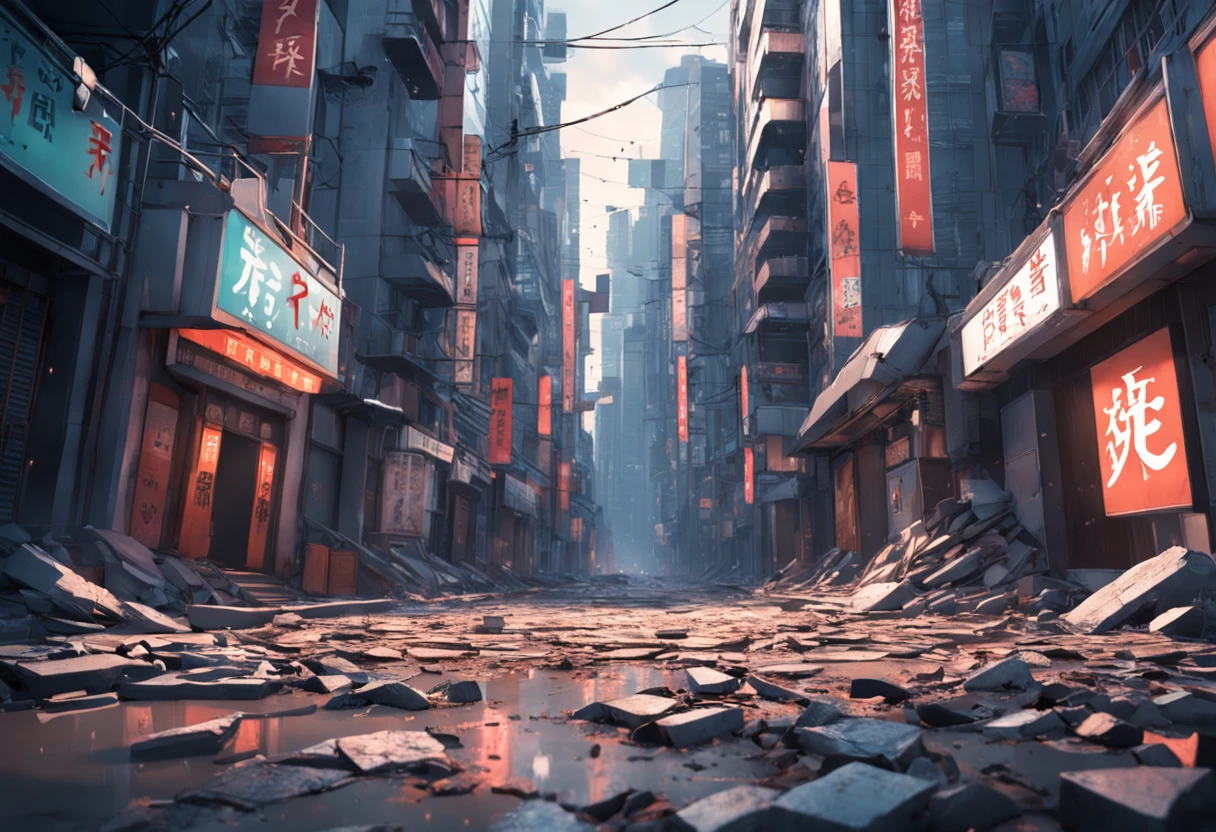 masutepiece, Ultra-high resolution, broken streets, Broken city, Gravel-covered ground, Broken sign, Natural light surreal science fiction scene, From the point of view of the lowest layer (光影效果), (depth of field effect), (Tyndale), (Optical particle tracking), (nffsw), (Horror Movie Lighting Visual Effects), (Volumetric lighting), (Bright colors), Best Quality, 8K