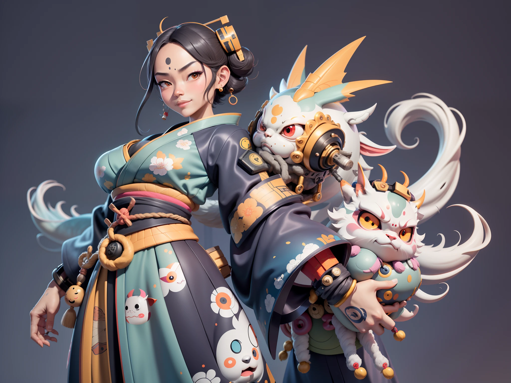 (Daisaku),(Need),(Super meticulous),(full bodyesbian:1.2),Japanese ukiyo-e girl,japanese geisha,Beautiful,Oriental dragon,Aeolian Thor,Raised sexy,爆乳,Oriental face,TV Anchor,Bust portrait illustration,Alone,In black suit,a blue tie,The face is slightly chubby,The face was clean,without a beard,Black super short hair,Black eyes,Smile confidently,3C computer sub-products,iPad, iphone,Digital painting,3D character design by Mark Clairen and Pixar and Hayao Miyazaki and Akira Toriyama,The illustration is a high-definition illustration in 4K resolution,With very detailed facial features and cartoon-style visuals。