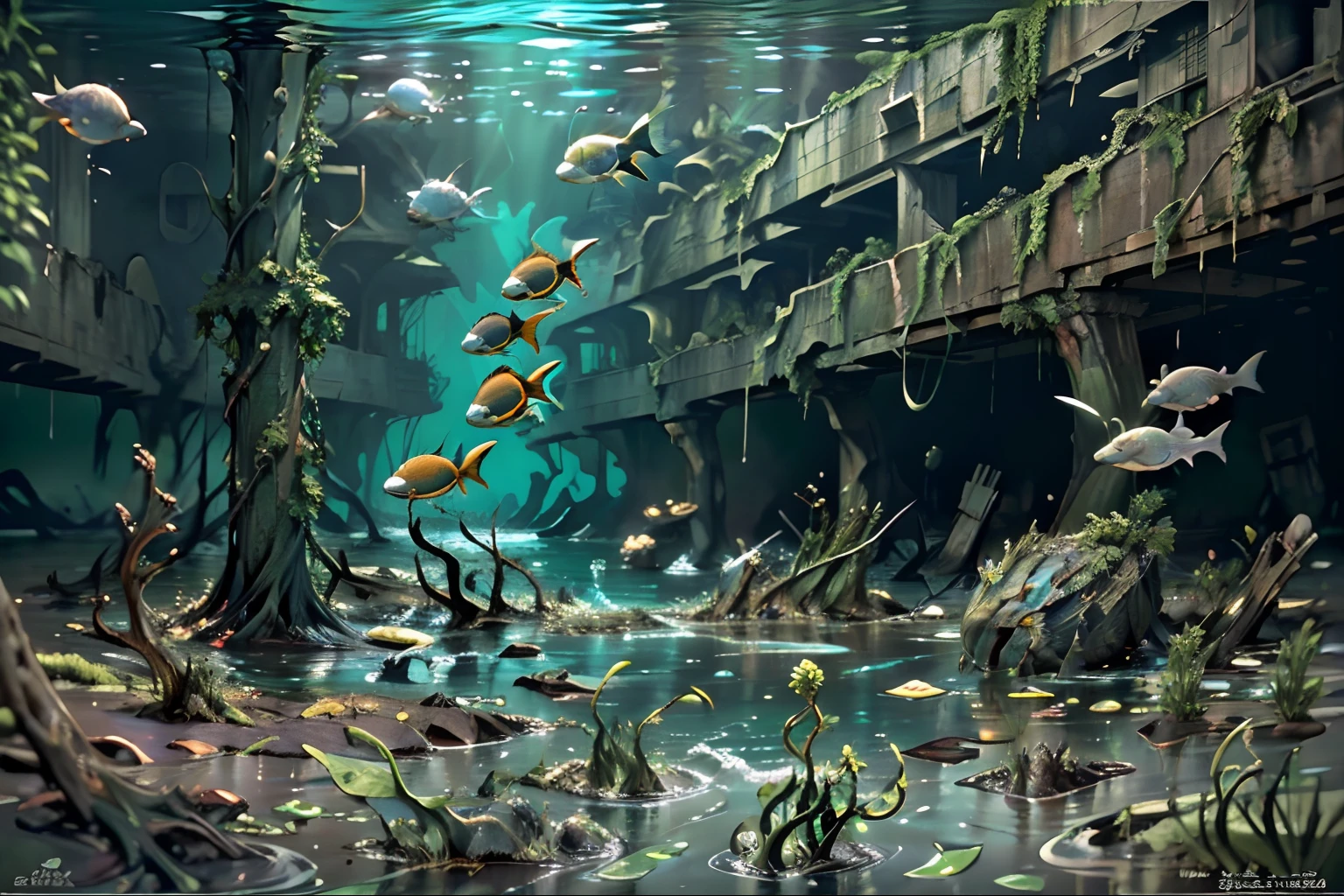 ocean floor，((the ocean:1.5)(Underwater world)），（Nuclear radiation contamination:1.2）(Best quality), (Masterpiece), (Photorealistic), (Realistic), Very detailed, Unity 8k wallpaper, Very detailed CG, Ray traching, Sharp shadows, Great detail, Depth of field, Super detailed background, Crumbling civilization, Green engulfs and decays cities, Flooded and collapsed cities, , Plant life, , Underwater cityscape, aquatic creature, Ruined city, Wide shot, nuclear radiation，Deformed fish，fishbone，Contaminated seabed