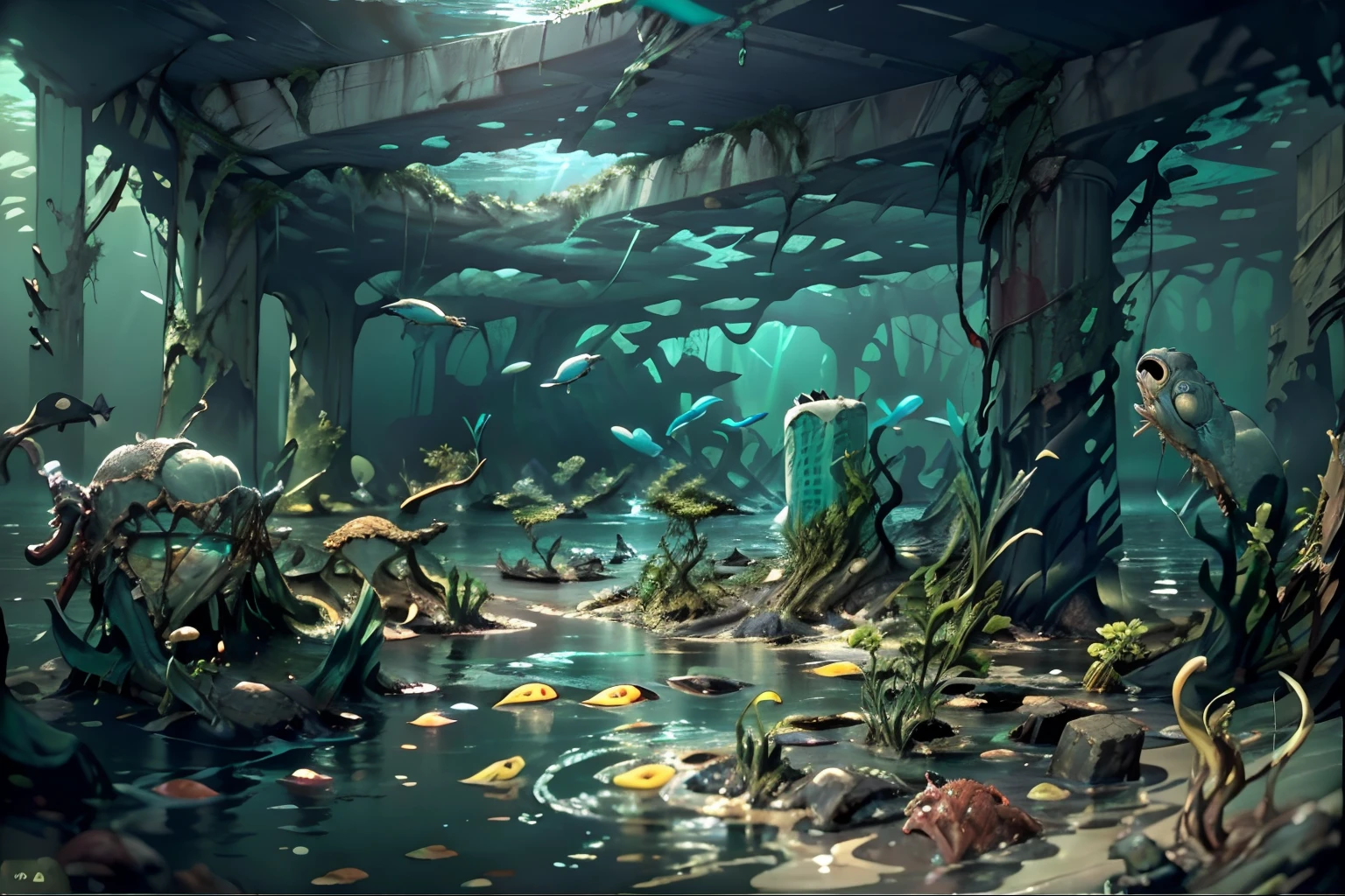 ocean floor，((the ocean:1.5)(Underwater world)），（Nuclear radiation contamination:1.2）(Best quality), (Masterpiece), (Photorealistic), (Realistic), Very detailed, Unity 8k wallpaper, Very detailed CG, Ray traching, Sharp shadows, Great detail, Depth of field, Super detailed background, Crumbling civilization, Green engulfs and decays cities, Flooded and collapsed cities, , Plant life, , Underwater cityscape, aquatic creature, Ruined city, Wide shot, nuclear radiation，Deformed fish，fishbone，Contaminated seabed