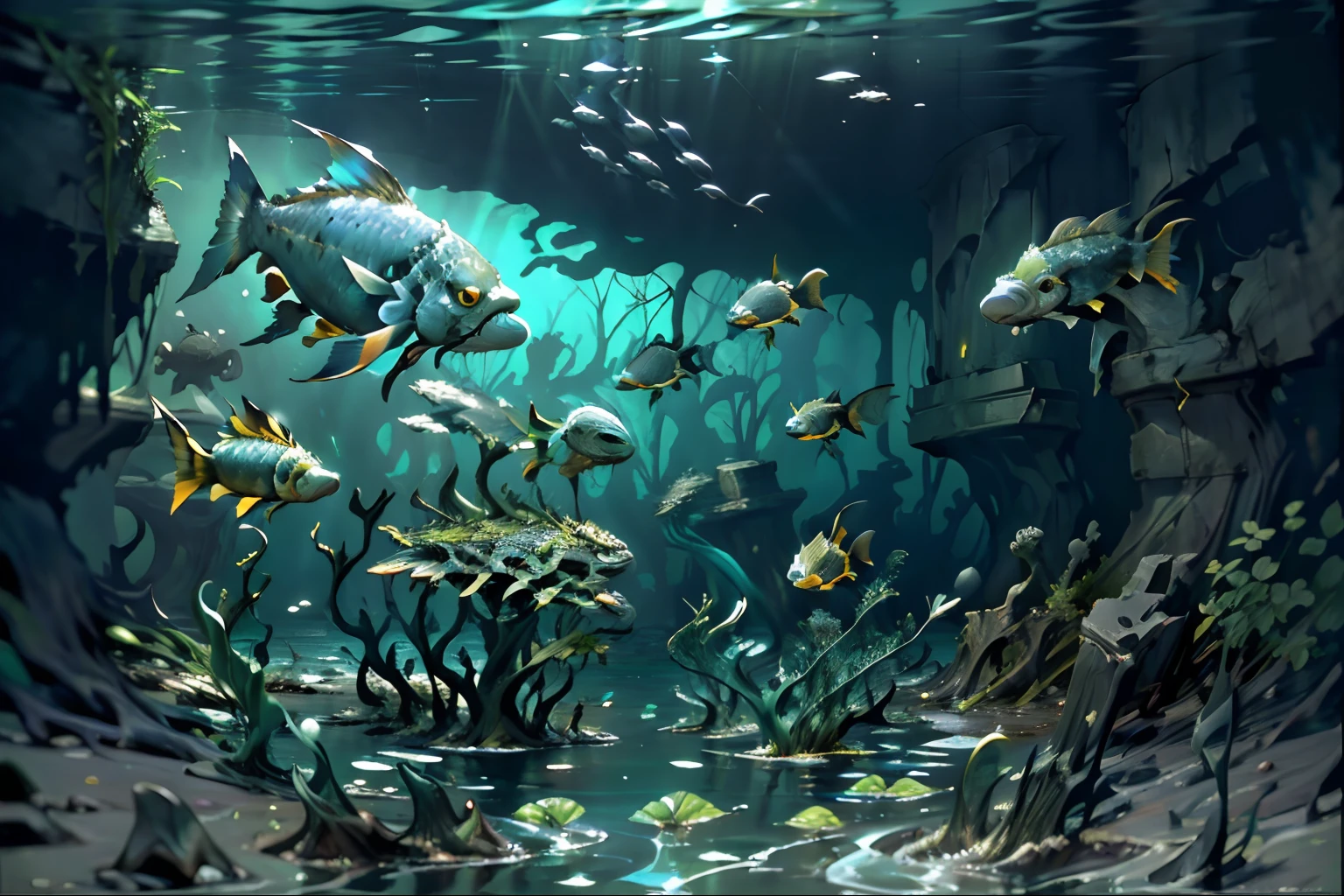 ocean floor,((the ocean:1.5)(Underwater world)),(Nuclear radiation contamination:1.2)(Best quality), (Masterpiece), (Photorealistic), (Realistic), Very detailed, Unity 8k wallpaper, Very detailed CG, Ray traching, Sharp shadows, Great detail, Depth of field, Super detailed background, Crumbling civilization, Green engulfs and decays cities, Flooded and collapsed cities, , Plant life, , Underwater cityscape, aquatic creature, Ruined city, Wide shot, nuclear radiation,Deformed fish,fishbone,Contaminated seabed