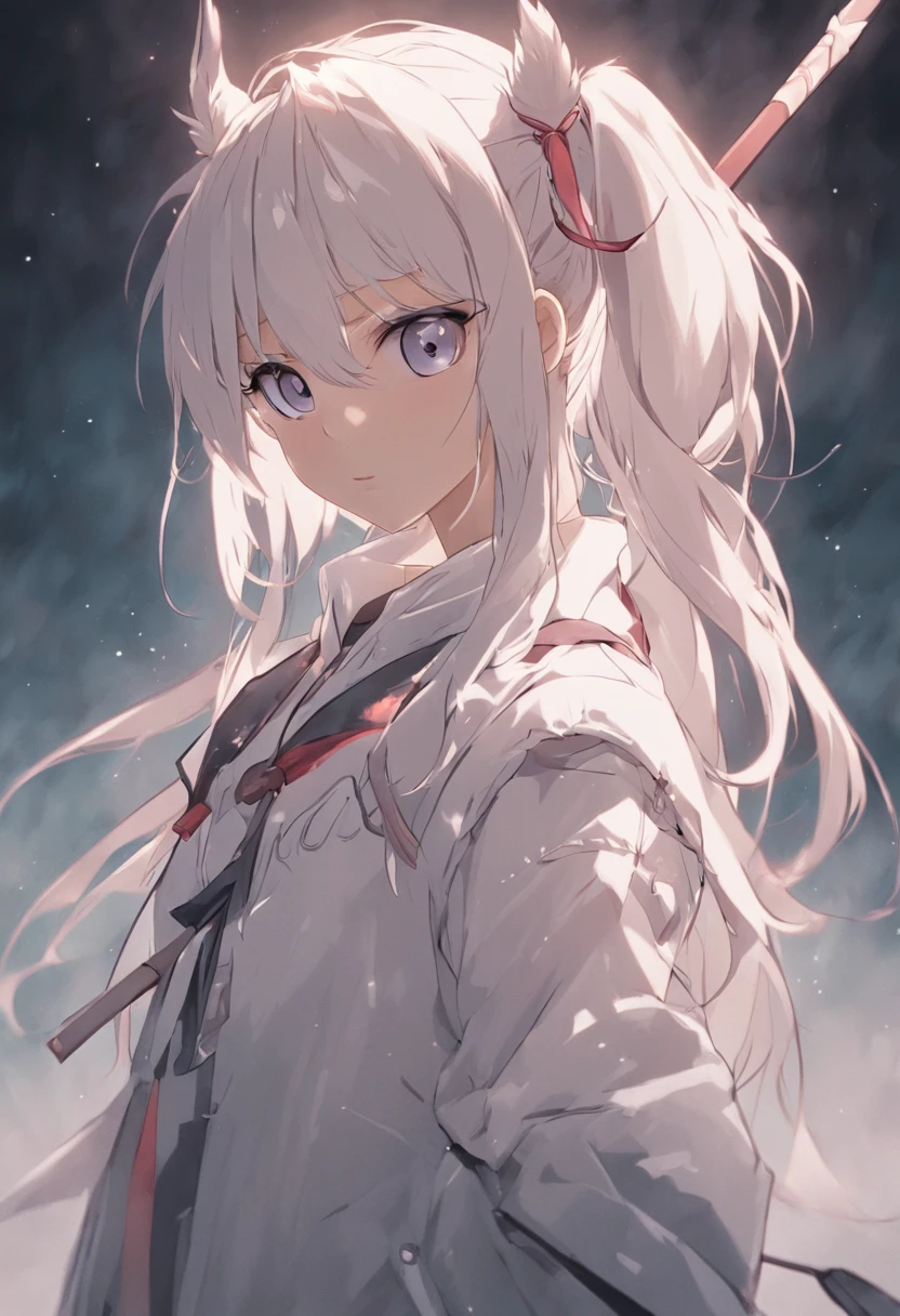 A young girl in a white leather coat，Has beautiful white hair，pony tails，Headband，Blank eyes，Horse Ears，Bow in left hand，Draw an arrow with your right hand