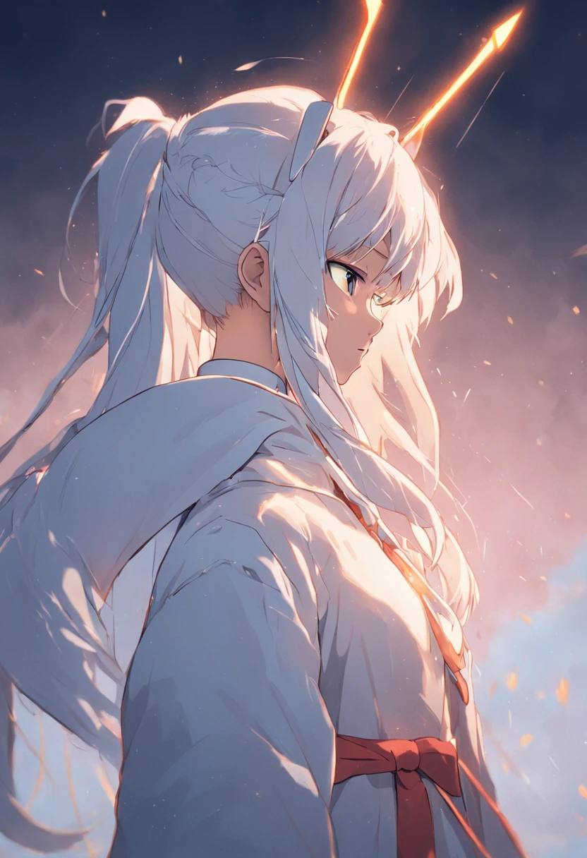 A young girl in a white leather coat,Has beautiful white hair,pony tails,Headband,Blank eyes,Horse Ears,Bow in left hand,Draw an arrow with your right hand
