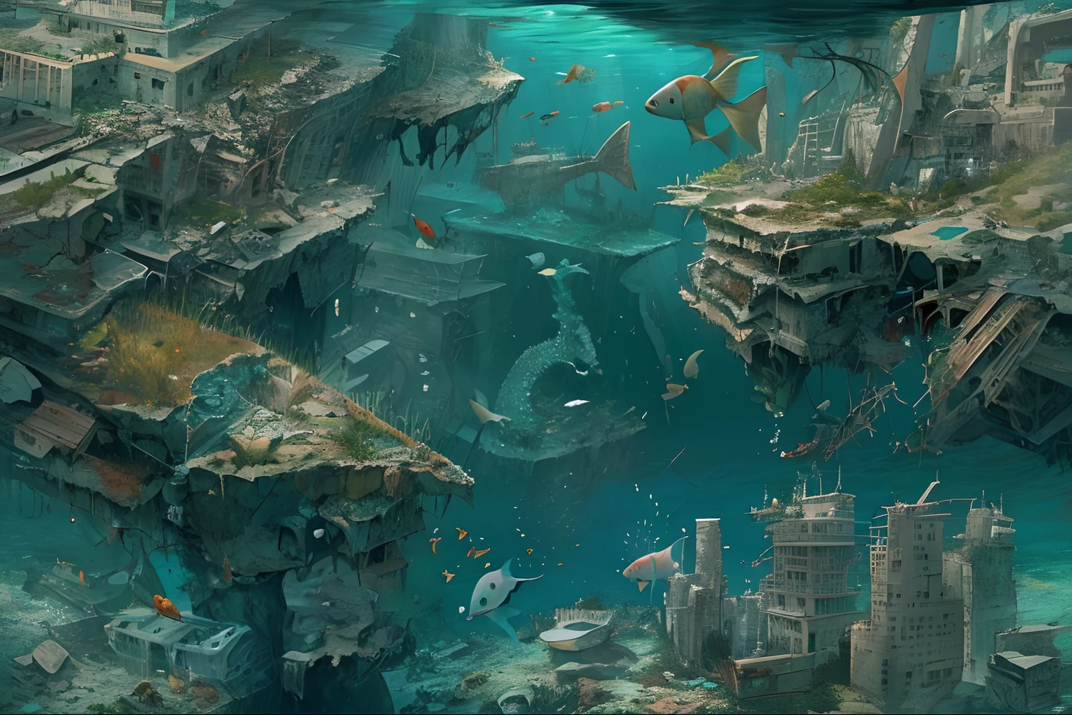 ocean floor,((the ocean:1.5)(Underwater world)),(Nuclear radiation contamination:1.2)(Best quality), (Masterpiece), (Photorealistic), (Realistic), Very detailed, Unity 8k wallpaper, Very detailed CG, Ray traching, Sharp shadows, Great detail, Depth of field, Super detailed background, Crumbling civilization, Green engulfs and decays cities, Flooded and collapsed cities, , Plant life, , Underwater cityscape, aquatic creature, Ruined city, Wide shot, nuclear radiation,Deformed fish,fishbone,Contaminated seabed