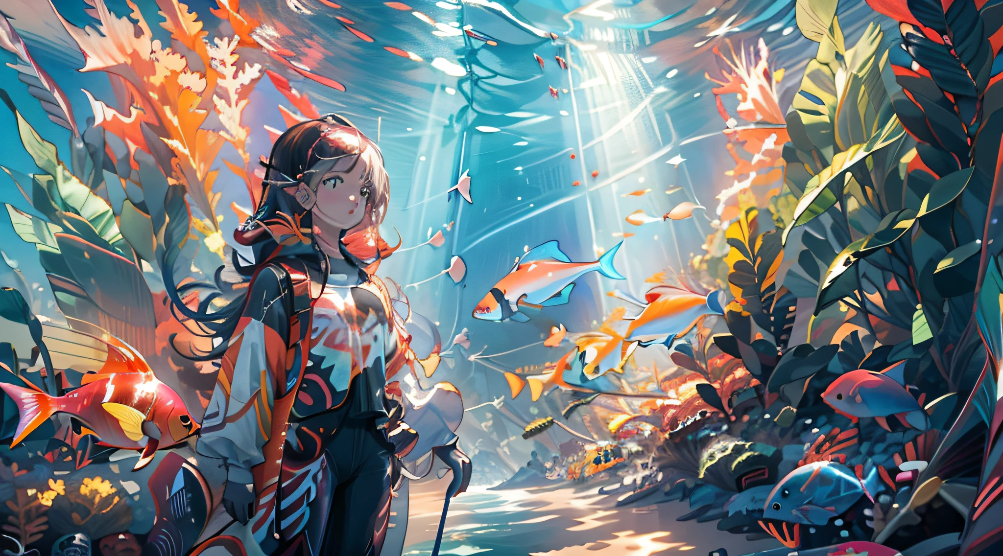Girl in wetsuit underwater，the hair,Flow in water，Various fish swim around，with beautiful colors，Pigment flow，Sunlight penetrates the depths, Illuminate the entire environment in a magical and fascinating way, Ray tracing, Masterpiece, Best quality, hyper qualit, absurd details, Best light, Best shadow, Sharp, Sharp images, Detailed, Extremely detailed, A high resolution, 8K, 4K, hyper HD, particle fx, Lovely effect, Vivid colors, Fish, Shallow beach, The corals, sea monster, airbubble, Sun, day