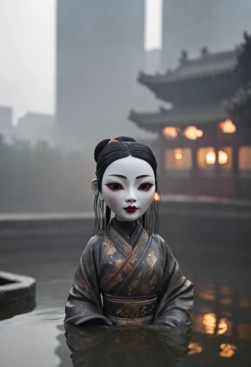 dream-state,Dream nucleus,Strange Chinese puppet doll standing in a water-black pool with its head tilted,Surrounded by a misty city