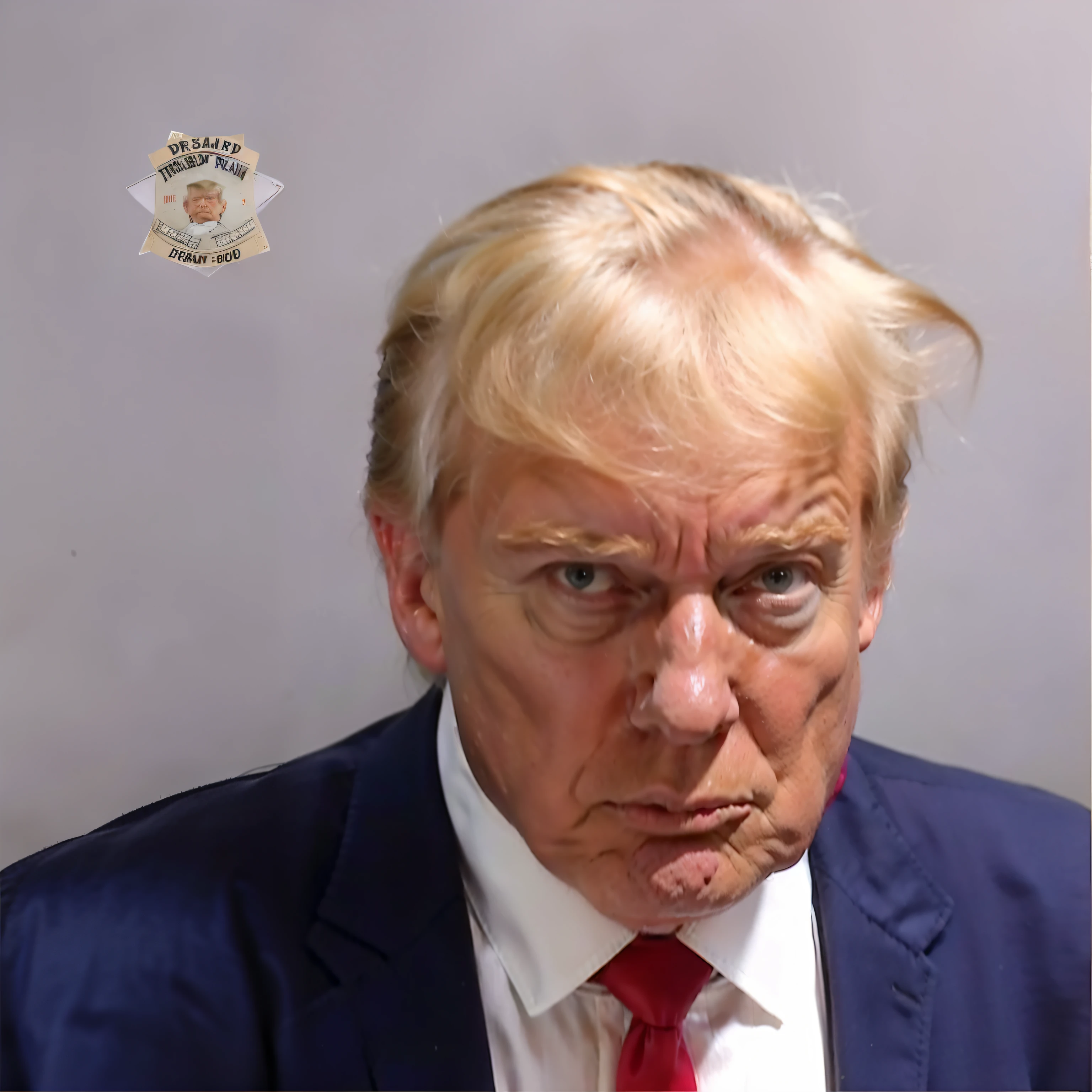 worried look on donald trump in mugshot, arafed image of an upset Donald trump in a suit and tie with a red tie, donald trump mugshot, tense donald trump in jail, Donald Trump in prison, photo of donald trump, Donald Trump, president donald trump, donald trump's face, portrait of trump,