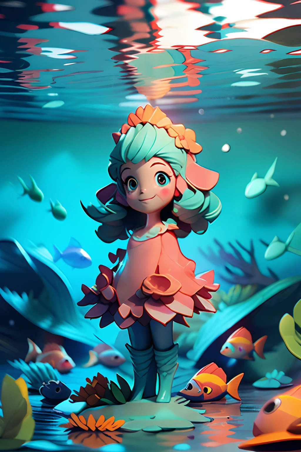 (ocean floor、Marine life、Beautiful coral reef、The fish),Messy painting style，Hair flows in water