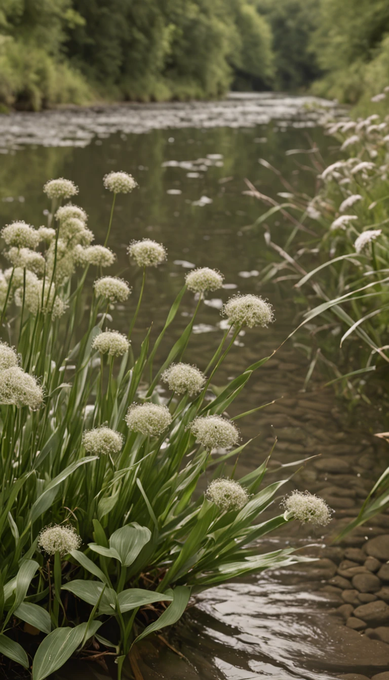 A river,There are reeds on the shore,Platform made of stone,It has flowers and small plants on it