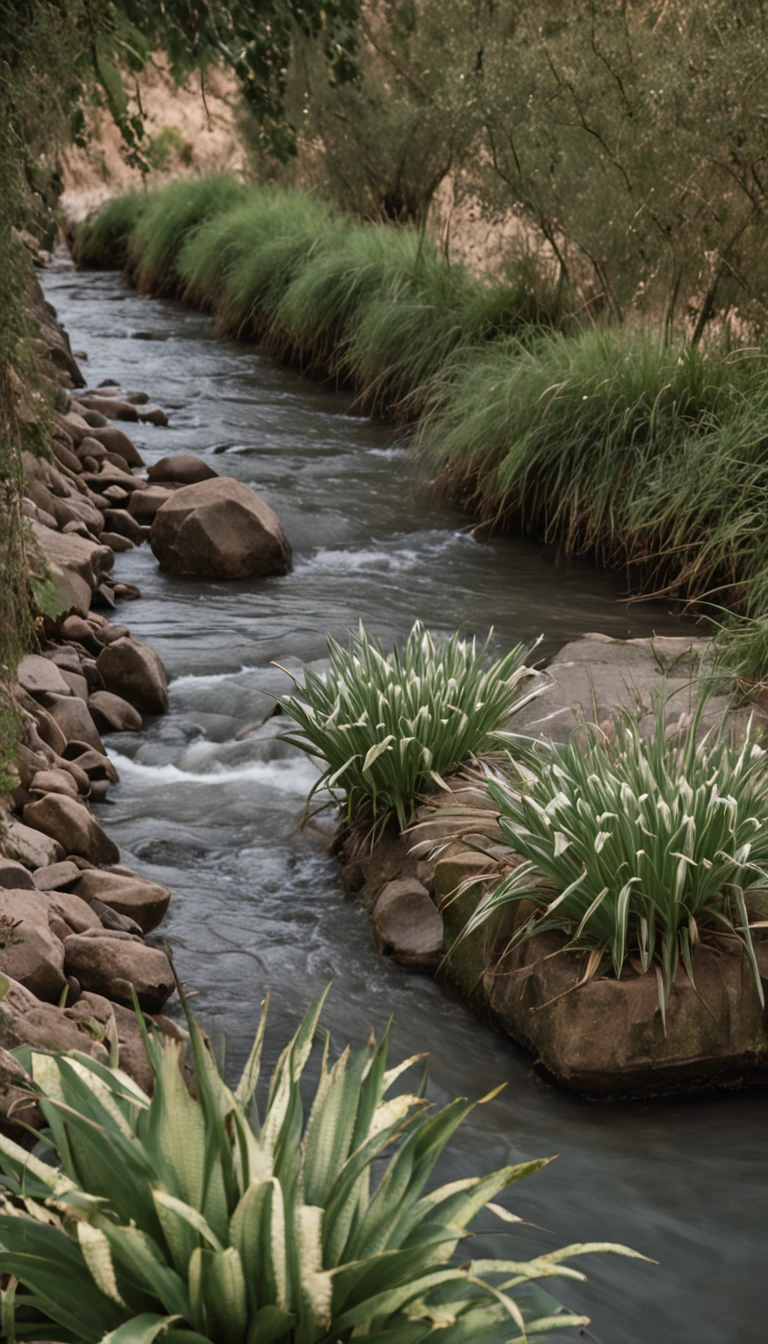 A river，There are reeds on the shore，Platform made of stone，It has flowers and small plants on it