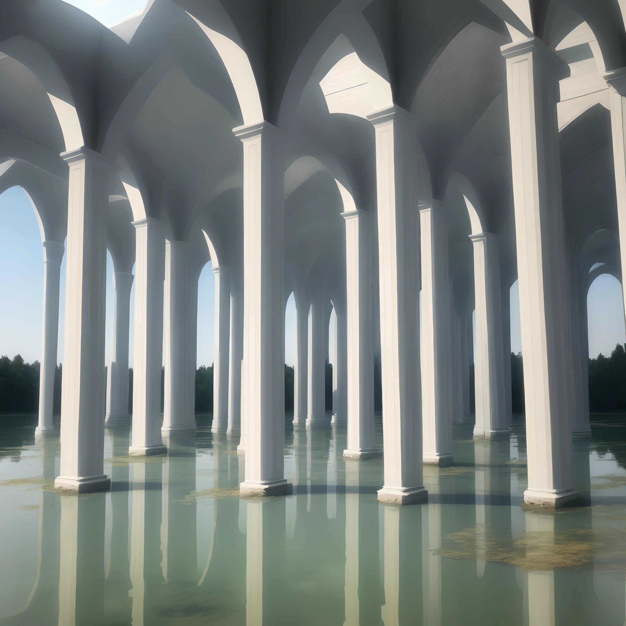 A white, flat-walled lake has a large number of straight mirror pillars