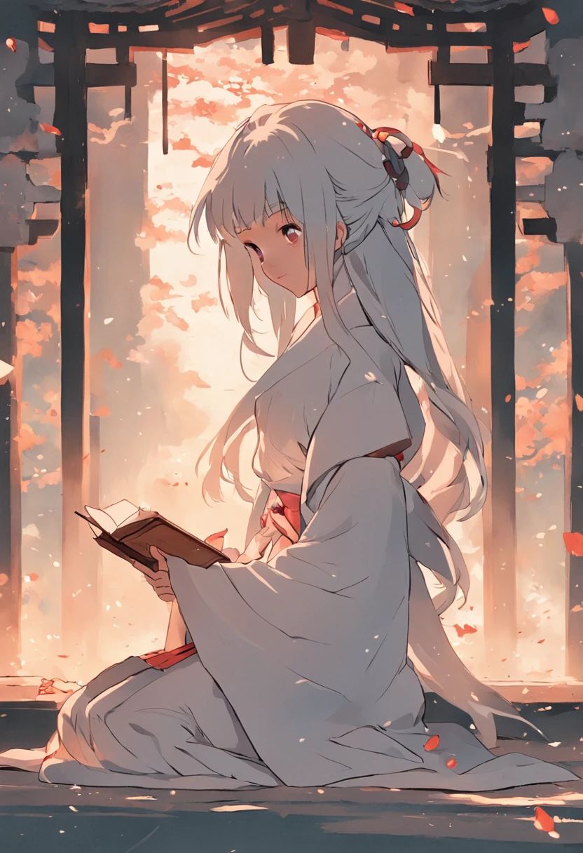 The girl in the white robe is reading carefully. The style is Yumei,animated GIF, small jump, traditional clothing,animated character design, Chinese painting,light gray, cute, modest charm, classical style,Minimalism --ar 3:4--q 2--niji 5