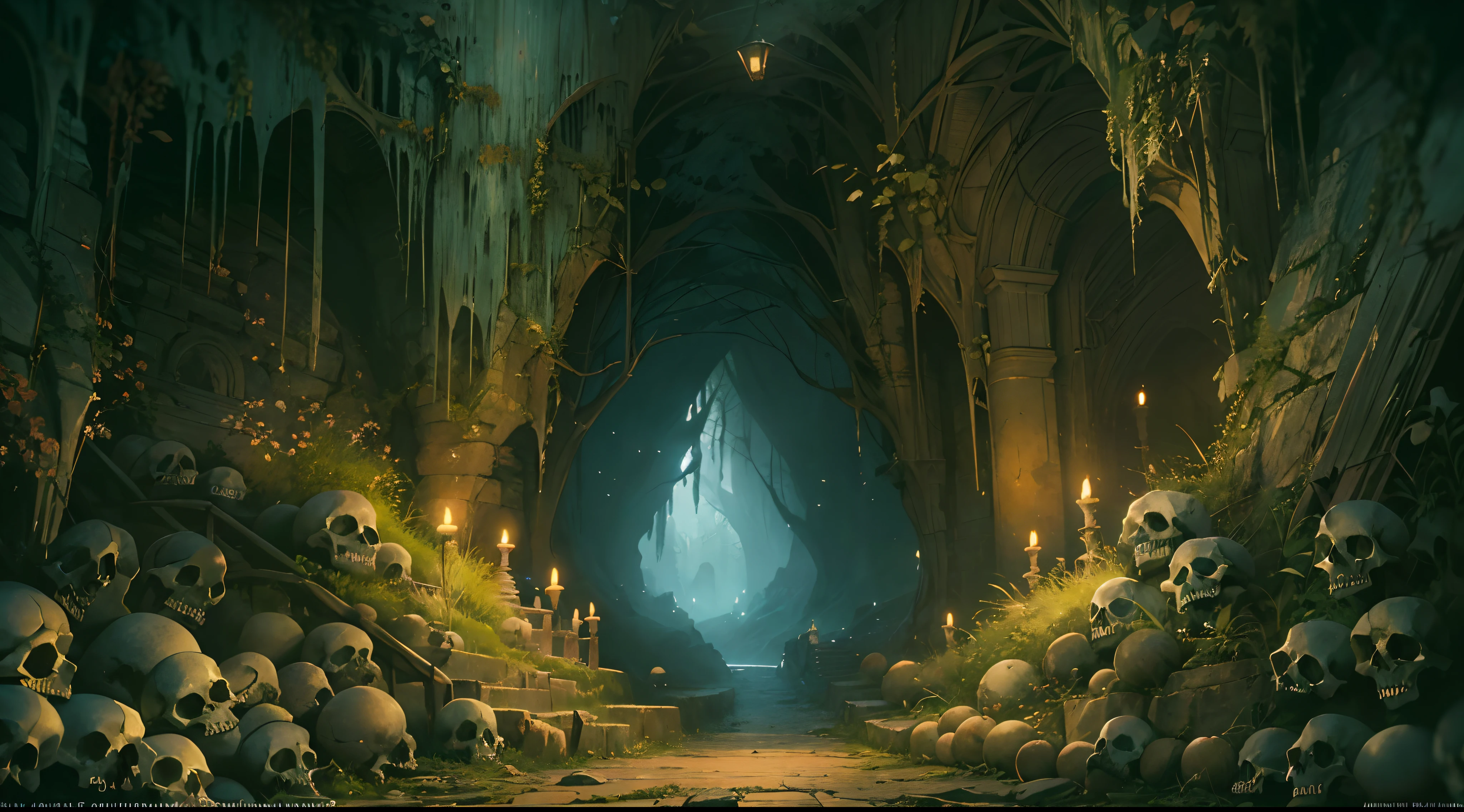 "(by Greg Rutkowski: 1.2), (masterpiece), (best quality), extremely delicate and beautiful, illustration, (fantasy landscape), A mesmerizing fantasy landscape with enchanting elements blending seamlessly. (Majestic cave entrence), (adorned with spooky atmosphere surrounded with skulls). A sense of tranquility and wonder fills the air, inviting exploration and discovery, depth of field, HDR, intricate, delicate"