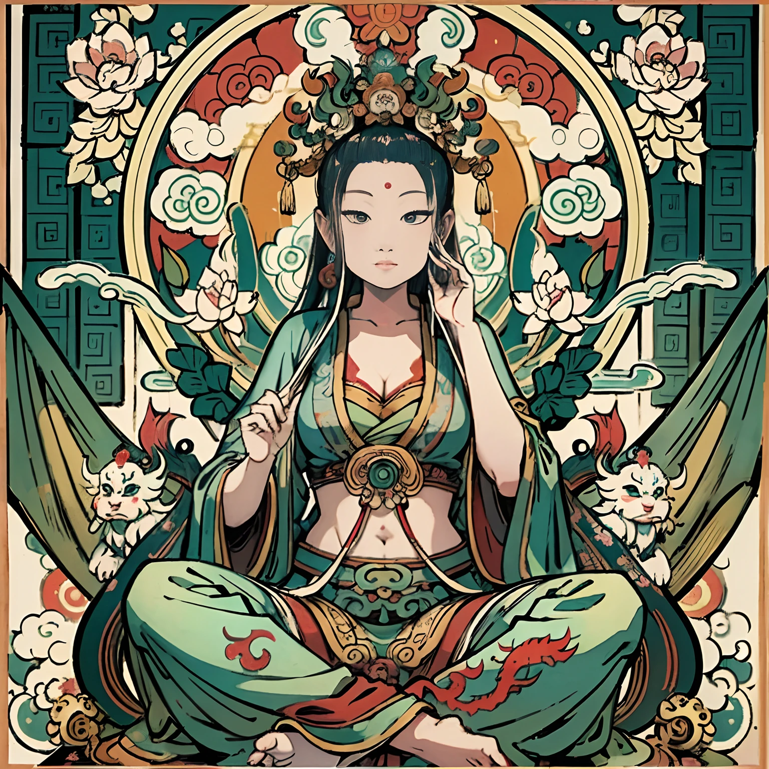 an ancient Chinese goddess, guanyin of the southern seas, Guanyin, Inspired by India, Avalokiteshvara rides a dragon，,Serene expression,shui mo hua,Buddha,Buddhist,Lotus,Chinese painting style,Thangka style