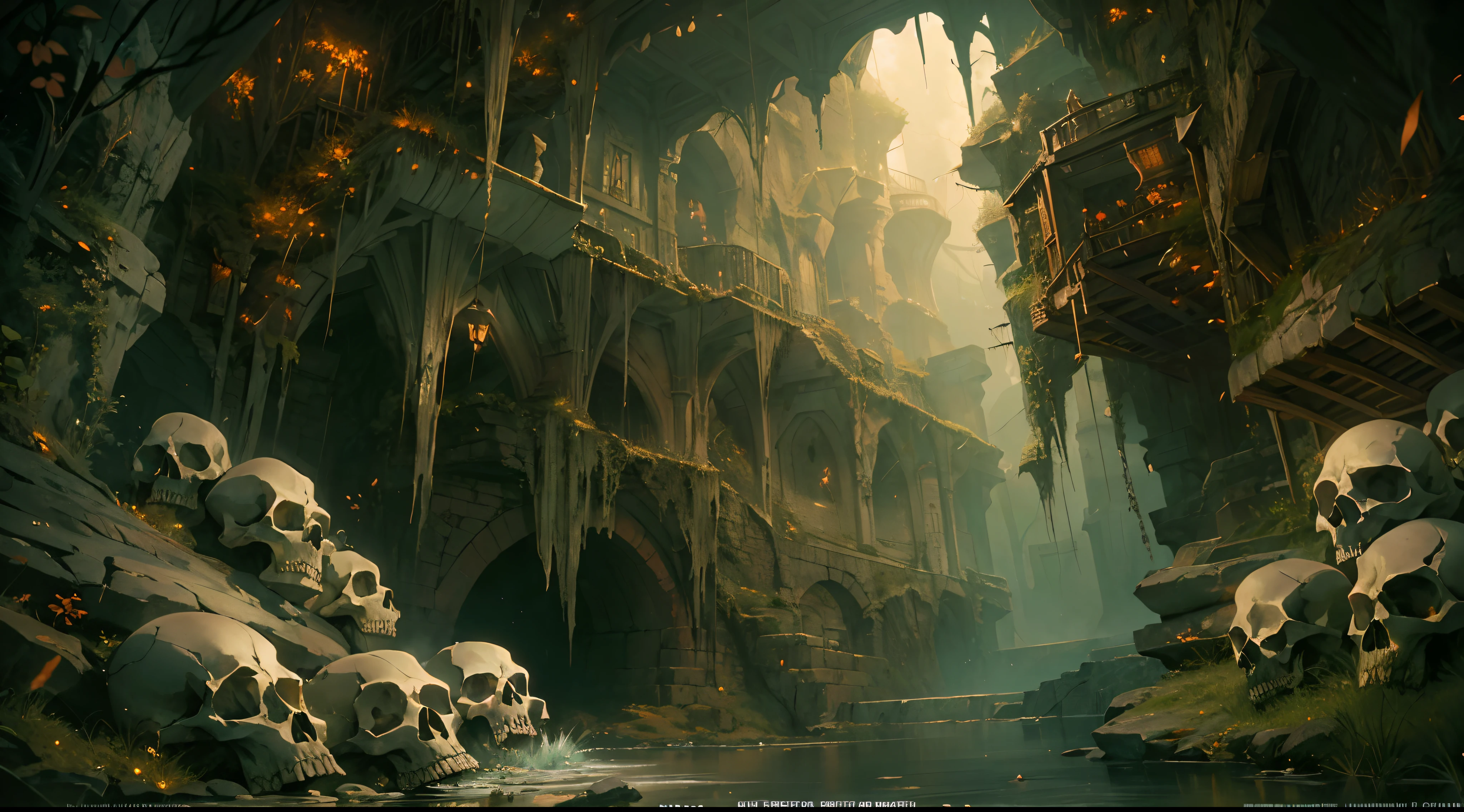"(by Greg Rutkowski: 1.2), (masterpiece), (best quality), extremely delicate and beautiful, illustration, (fantasy landscape), A mesmerizing fantasy landscape with enchanting elements blending seamlessly. (Majestic cave entrence), (adorned with spooky atmosphere surrounded with skulls). A sense of tranquility and wonder fills the air, inviting exploration and discovery, depth of field, HDR, intricate, delicate"