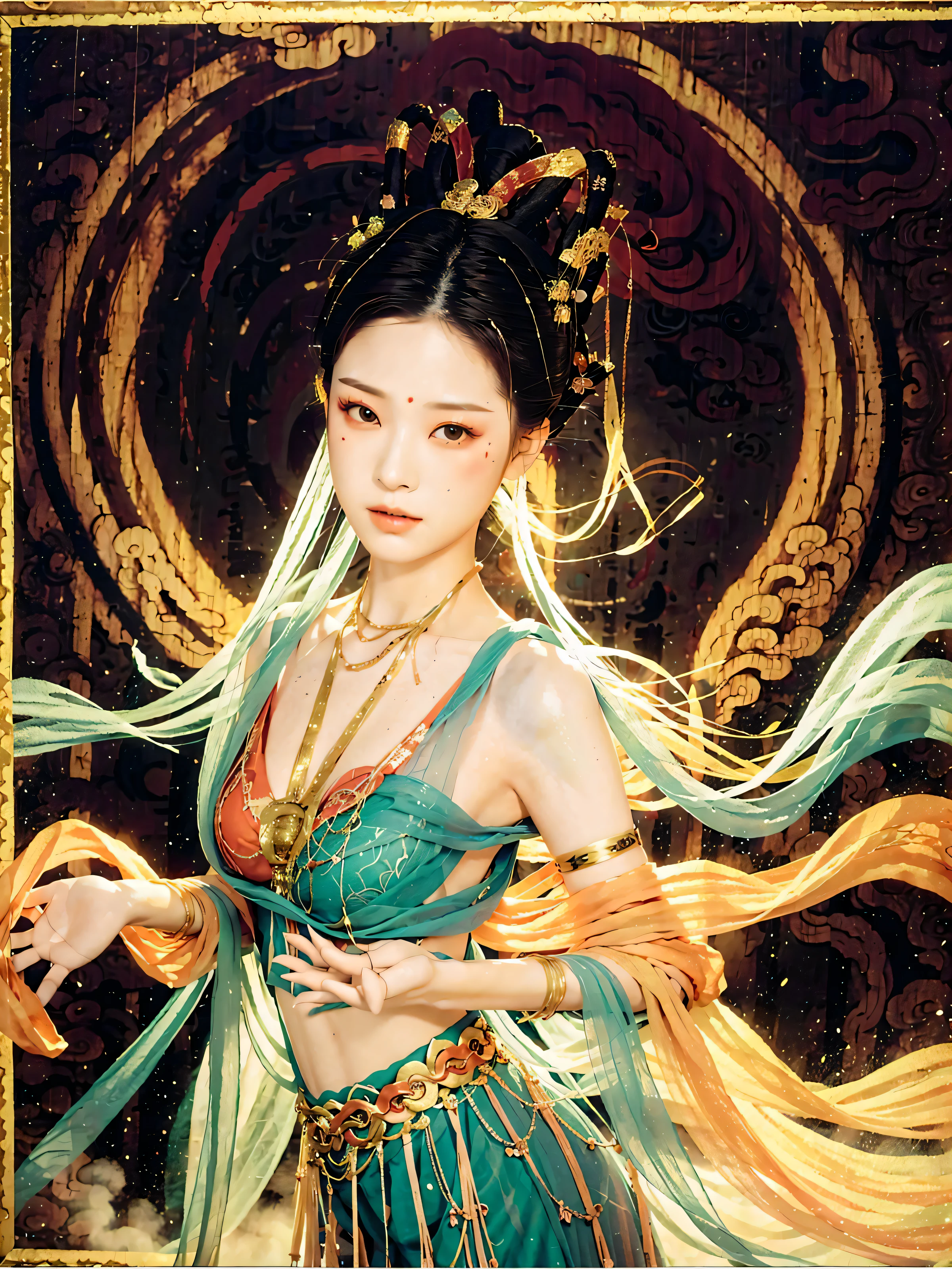 masterpiece, traditional chinese ink painting, 1 girl, long hair, look at viewer, tease, Spirit, loong, dunhuang_style, dunhuang_cloths, UHD Dragon horn, A dragon is flying, 4k, best quality, super detail, award winning, high quality, best quality, high details