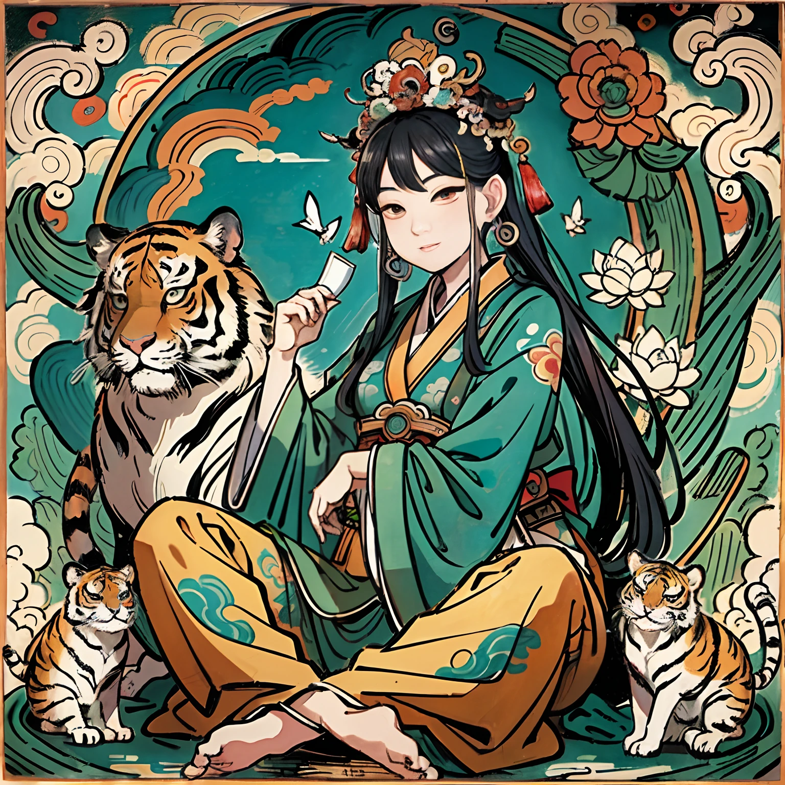 an ancient Chinese goddess, guanyin of the southern seas, Guanyin, Inspired by India, Avalokiteshvara rides a tiger,,Serene expression,shui mo hua,Buddha,Buddhist,Lotus,Chinese painting style,Thangka style