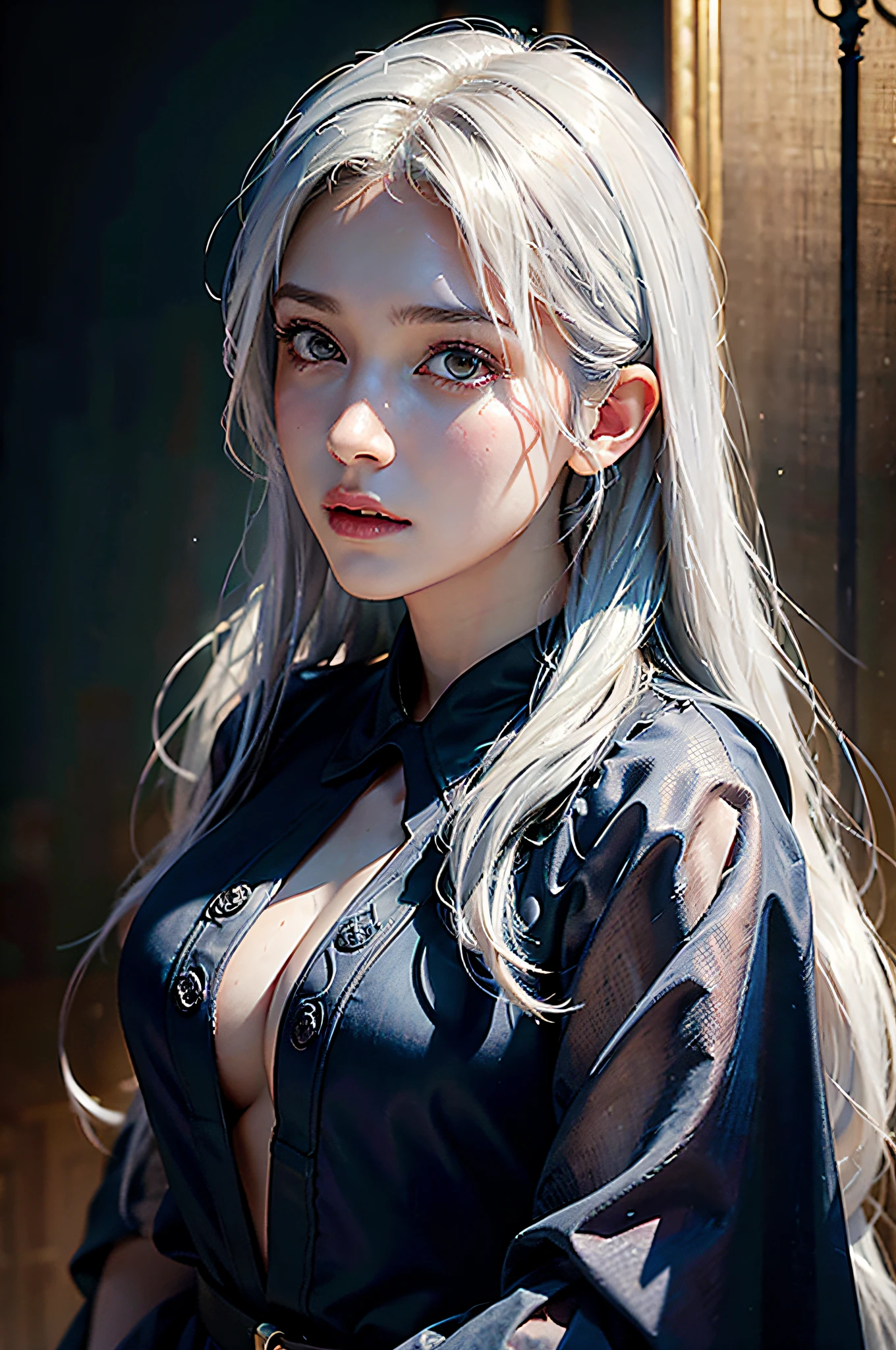 Hyperrealist portrait of female by david hockney and alphonse mucha,fantasy art, photo realistic, dynamic lighting, artstation, poster, volumetric lighting, very detailed faces, 4 k, award winning,, 1girl, in the dark, deep shadow, low key,cowboy shot,(official clothing:1.4) ,long hair,white hair,