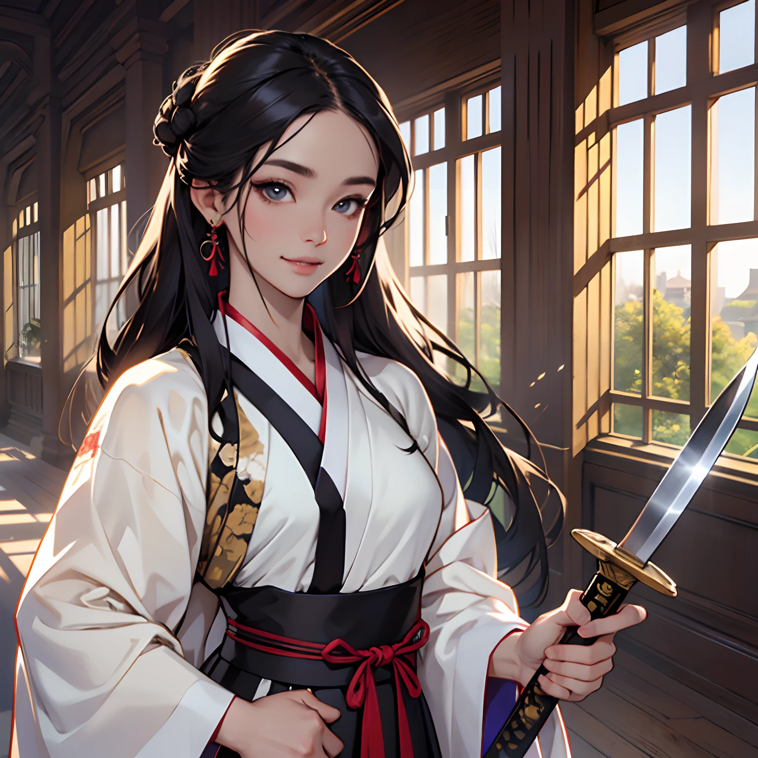 Uma mulher, (feminino), vestindo Hanfu preto, bonita, um sorriso sensual, cabelo preto longo, voluptuosa,Hanfu, antigo, fundo da corte, Standing stately holding a sharp-bladed sword with his right hand, palace hall
