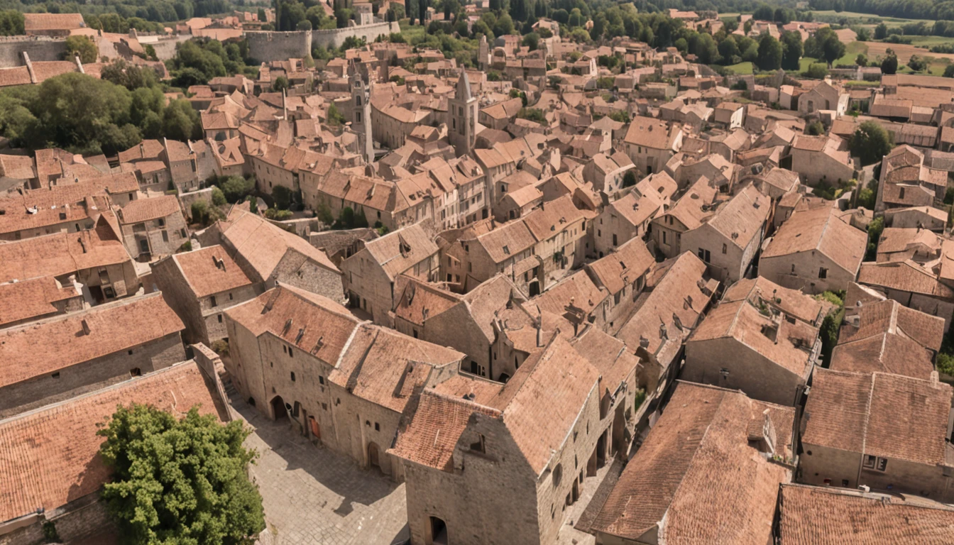 medieval city seen from above all in ancient stone narrow streets with quite curves large monumental houses with air Dark old very old detailing maximum perfection and reality