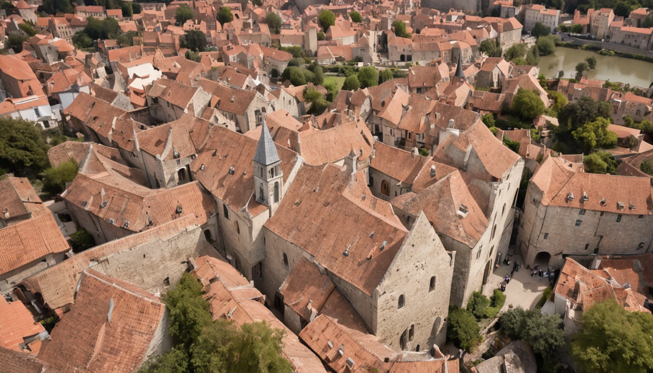 medieval city seen from above all in ancient stone narrow streets with quite curves large monumental houses with air Dark old very old detailing maximum perfection and reality