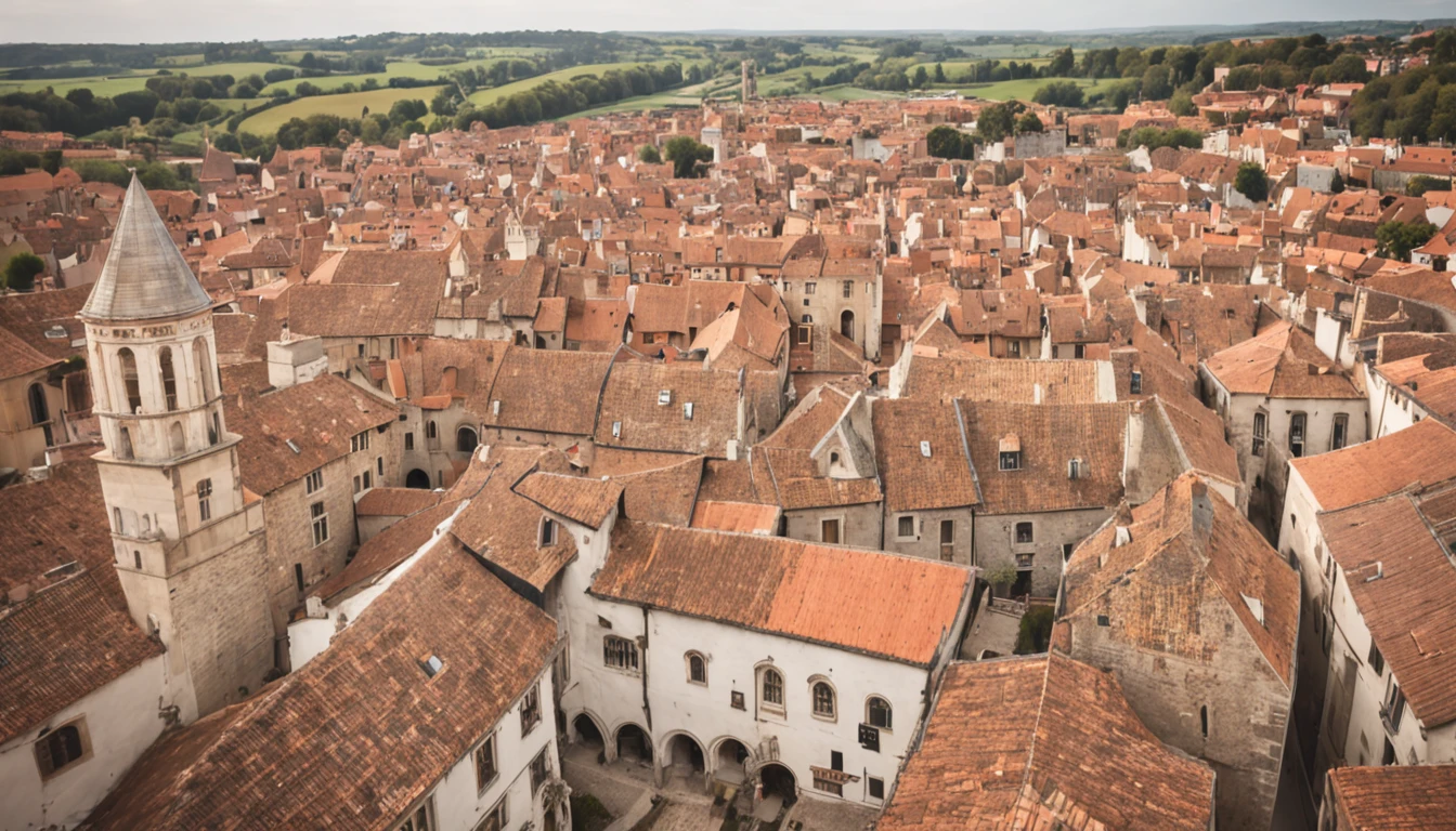 medieval city seen from above all in ancient stone narrow streets with quite curves large monumental houses with air Dark old very old detailing maximum perfection and reality