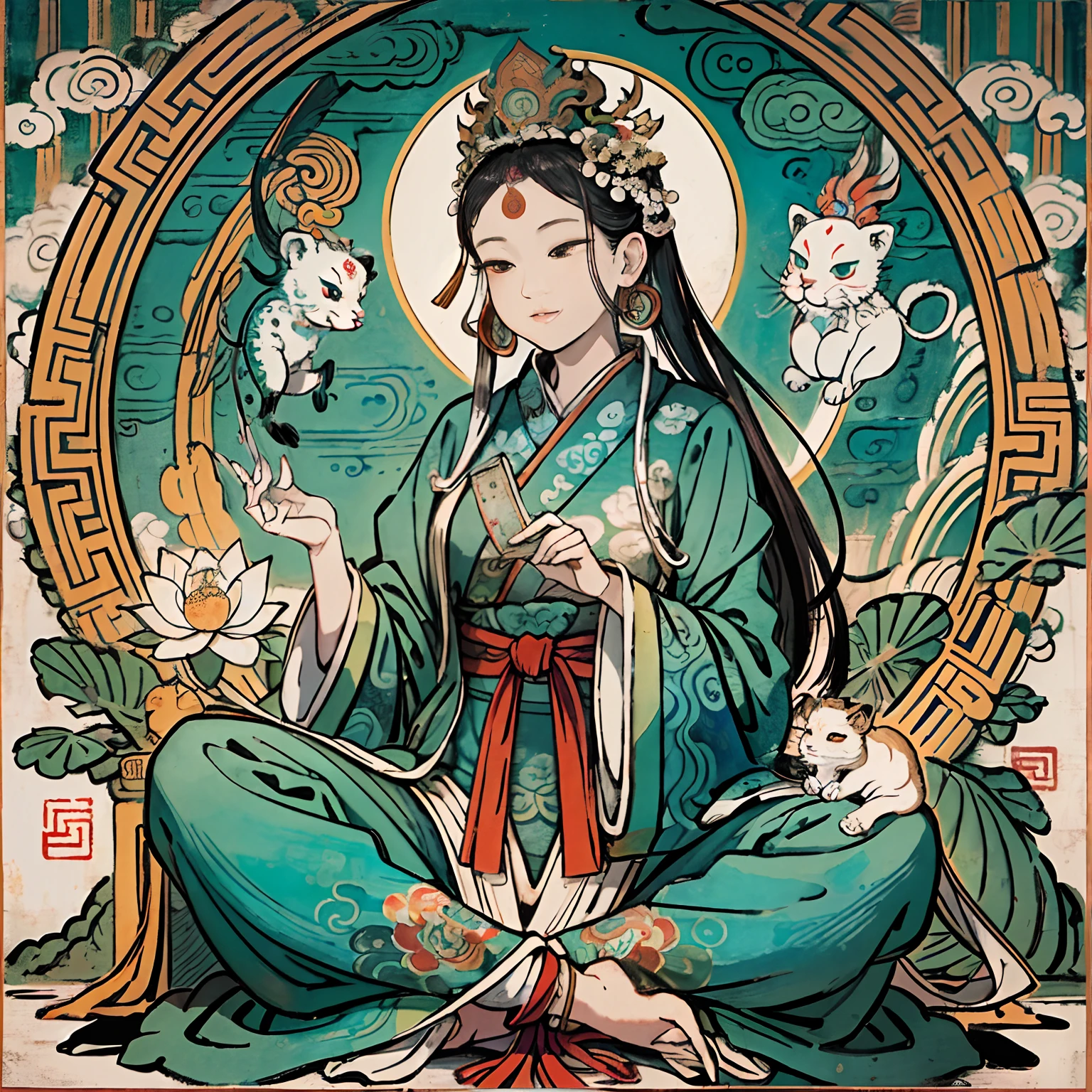 an ancient Chinese goddess, guanyin of the southern seas, Guanyin, Inspired by India, Avalokiteshvara rides a lion,,Serene expression,shui mo hua,Buddha,Buddhist,Lotus,Chinese painting style,Thangka style
