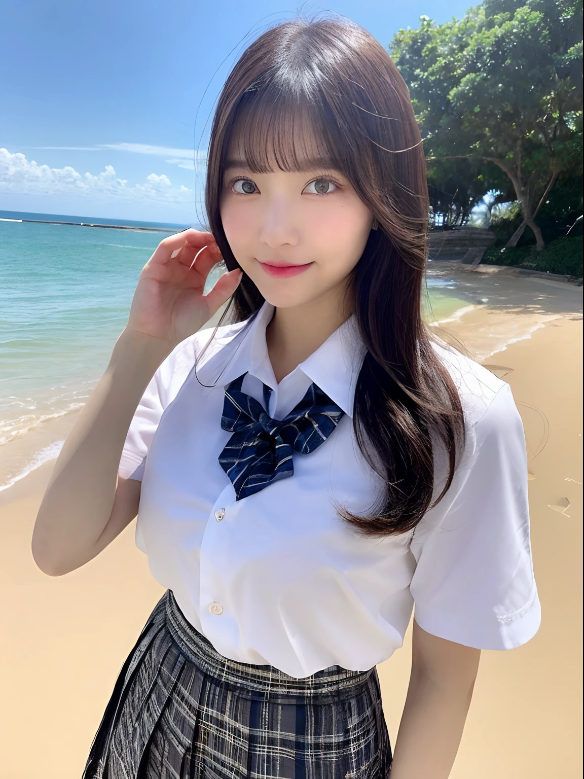 ((top-quality、8K、masterpiece:1.3))、foco nítido:1.2、Beautiful schoolgirl in perfect style:1.4、A slender、((A dark-haired、huge tit、tits out:1.2))、(夏天、Mare、beach、Enoshima:1.1)、Highly detailed facial and skin texture、A detailed eye、二重まぶた、Sweaty、A sexy、the beach、summer vacation、date、Okinawa、hawaii、Mare、sand beach、ocean view、((beach))、((Uniform 1.5))、jk suit plaid skirt pleated skirt shirt bowtie
