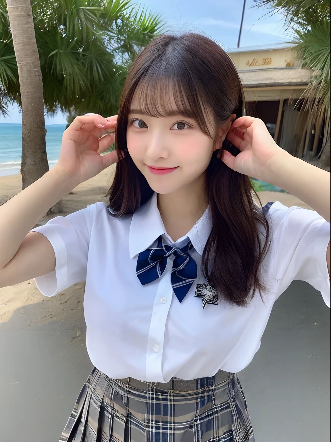 ((top-quality、8K、​masterpiece：1.3))、foco nítido：1.2、Beautiful girl in perfect style：1.4、A slender、((A dark-haired、huge tit、tits out：1.2))、(夏天、Mare、beach、Enoshima:1.1)、Highly detailed facial and skin texture、A detailed eye、二重まぶた、Sweaty、A sexy、the beach、summer vacation、date、Okinawa、hawaii、Mare、sand beach、ocean view、((beach))、((Uniform 1.5))、jk suit plaid skirt pleated skirt shirt bowtie