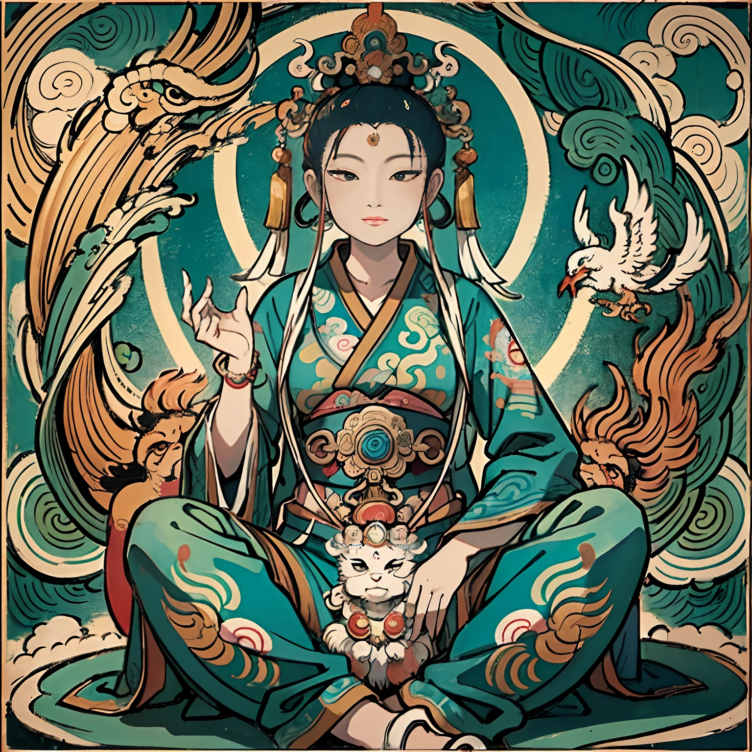 an ancient Chinese goddess, guanyin of the southern seas, Guanyin, Inspired by India, Avalokiteshvara rides a phoenix，,Serene expression,shui mo hua,Buddha,Buddhist,Lotus,Chinese painting style,Thangka style