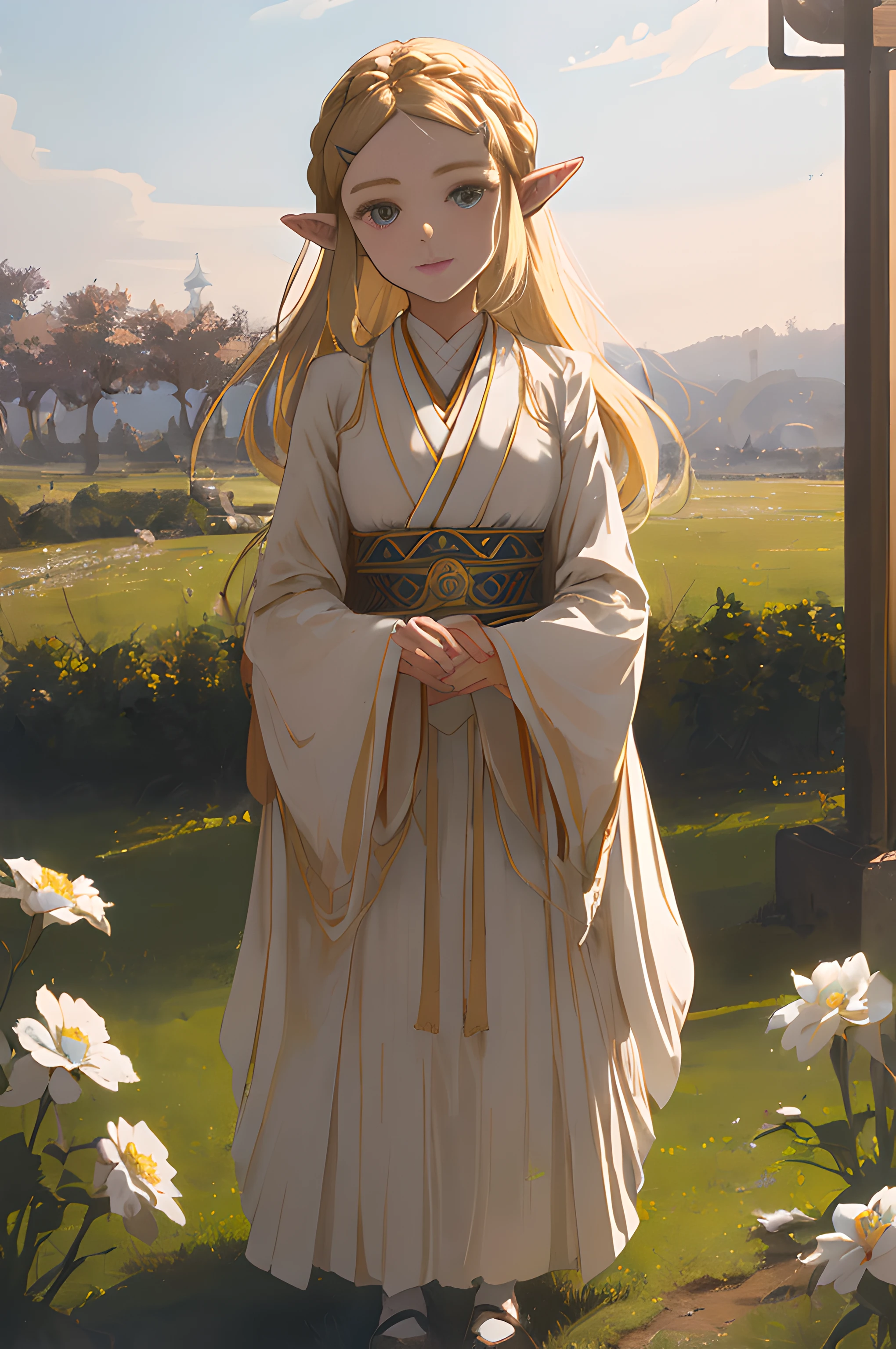 8k, raw camera, highres, detailed, masterpiece, portrait, photorealistic, hyperrealist, aesthetic, beautiful, best quality, highly detaile, best quality clothing, aesthetic clothings, professional angle, rule of thirds, Feminine, delicate, beautiful, 19 years, attractive Japanese, (solo), 1 girl, (Princess Zelda,, Botw), (In Outdoors), ((Full Body)), ((From Front) Shallow Depth of Field), -, ((Normal)), (Semi Long Hair, Blonde Hair), (Loose Hair, Braid, - Hair), ((HairClips, Pointy Ears)), (- Eyes, Open Eyes, Cheerful Gaze), (-, Arms Down, Hands Down), ((Standing), Closed Mouth), -, -, (Average Bust), ((White Dress, -)), (-, -), (Delicate Clothes), beautiful body, beautiful eyes, shiny eyes, shiny hair, beautiful mouth, beautiful lips, beautiful skin, beautiful face