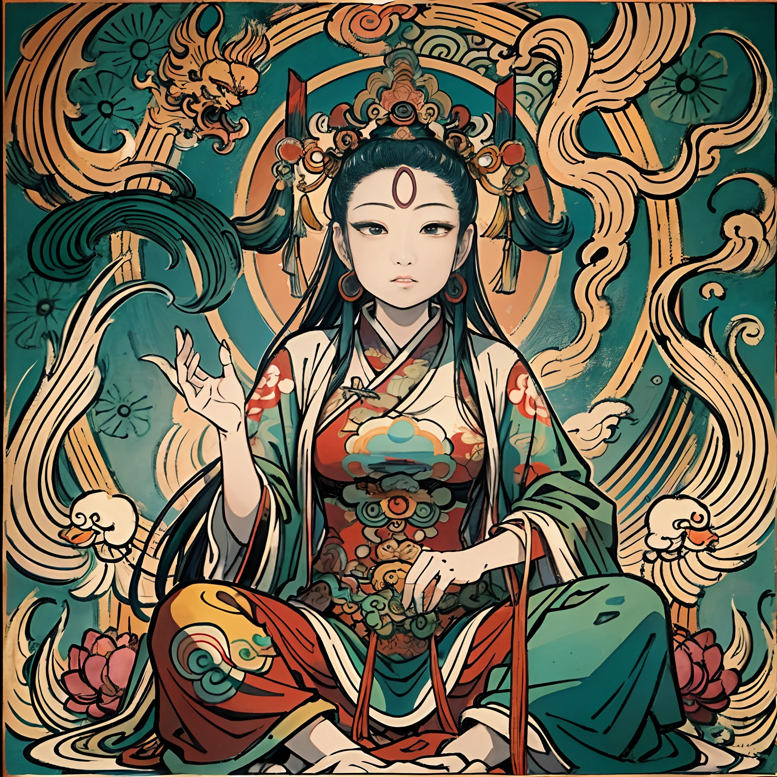 an ancient Chinese goddess, guanyin of the southern seas, Guanyin, Inspired by India, Avalokiteshvara rides a phoenix,,Serene expression,shui mo hua,Buddha,Buddhist,Lotus,Chinese painting style,Thangka style
