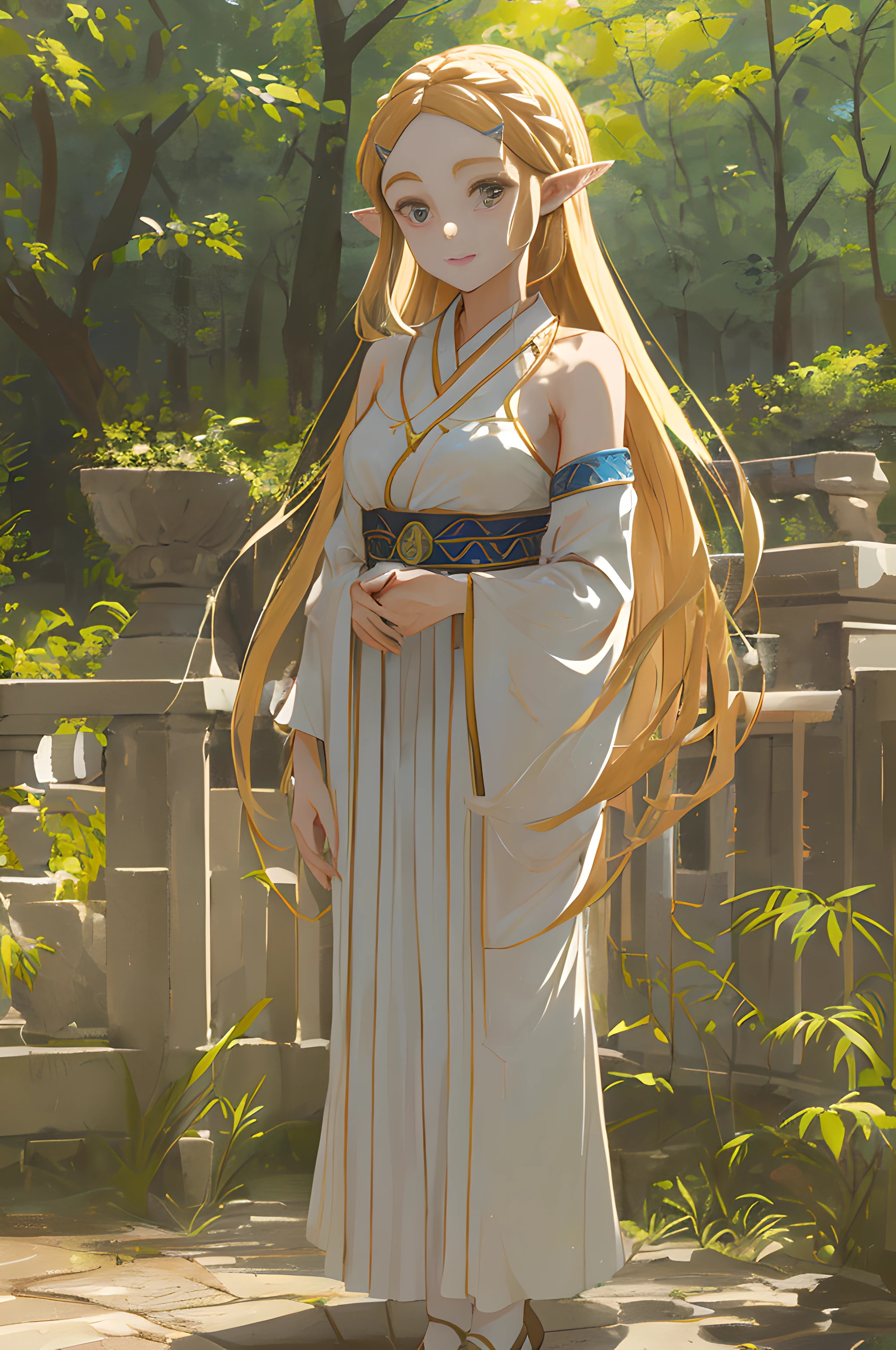 8k, raw camera, highres, detailed, masterpiece, portrait, photorealistic, hyperrealist, aesthetic, beautiful, best quality, highly detaile, best quality clothing, aesthetic clothings, professional angle, rule of thirds, Feminine, delicate, beautiful, 19 years, attractive Japanese, (solo), 1 girl, (Princess Zelda,, Botw), (In Outdoors), ((Full Body)), ((From Front) Shallow Depth of Field), -, ((Normal)), (Semi Long Hair, Blonde Hair), (Loose Hair, Braid, - Hair), ((HairClips, Pointy Ears)), (- Eyes, Open Eyes, Cheerful Gaze), (-, Arms Down, Hands Down), ((Standing), Closed Mouth), -, -, (Average Bust), ((White Dress, -)), (-, -), (Delicate Clothes), beautiful body, beautiful eyes, shiny eyes, shiny hair, beautiful mouth, beautiful lips, beautiful skin, beautiful face