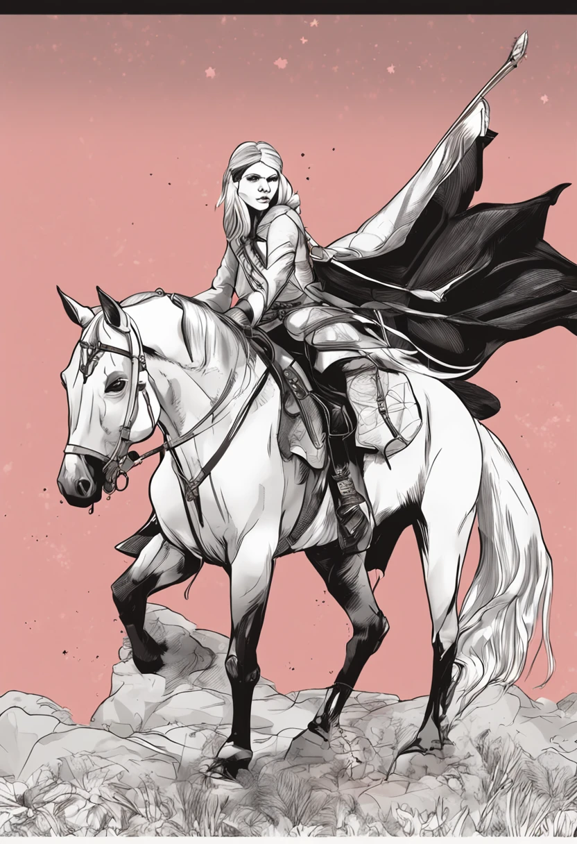 A young girl in a white leather coat,Has beautiful white hair,pony tails,Headband,Blank eyes,Horse Ears,Hand pulling black bow and arrow,She was a knight