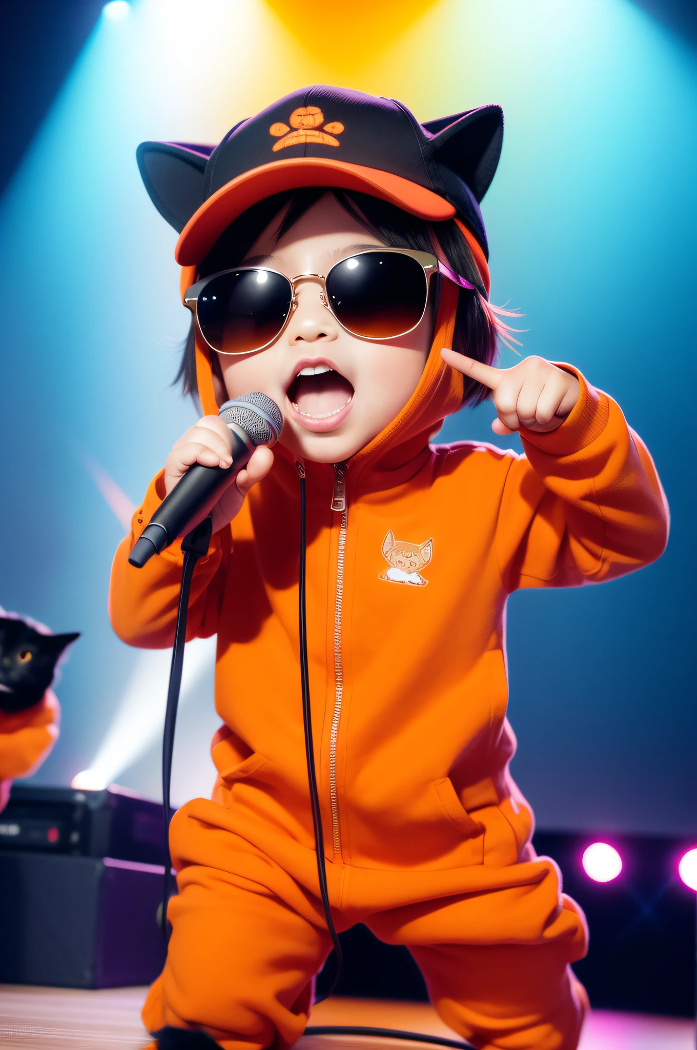 tchibi,full bodyesbian,cat,(Holding a microphone), Wearing sunglasses, in orange clothes, Singing, Jump up, Wearing a hat,Stage, lighting, Spotlights